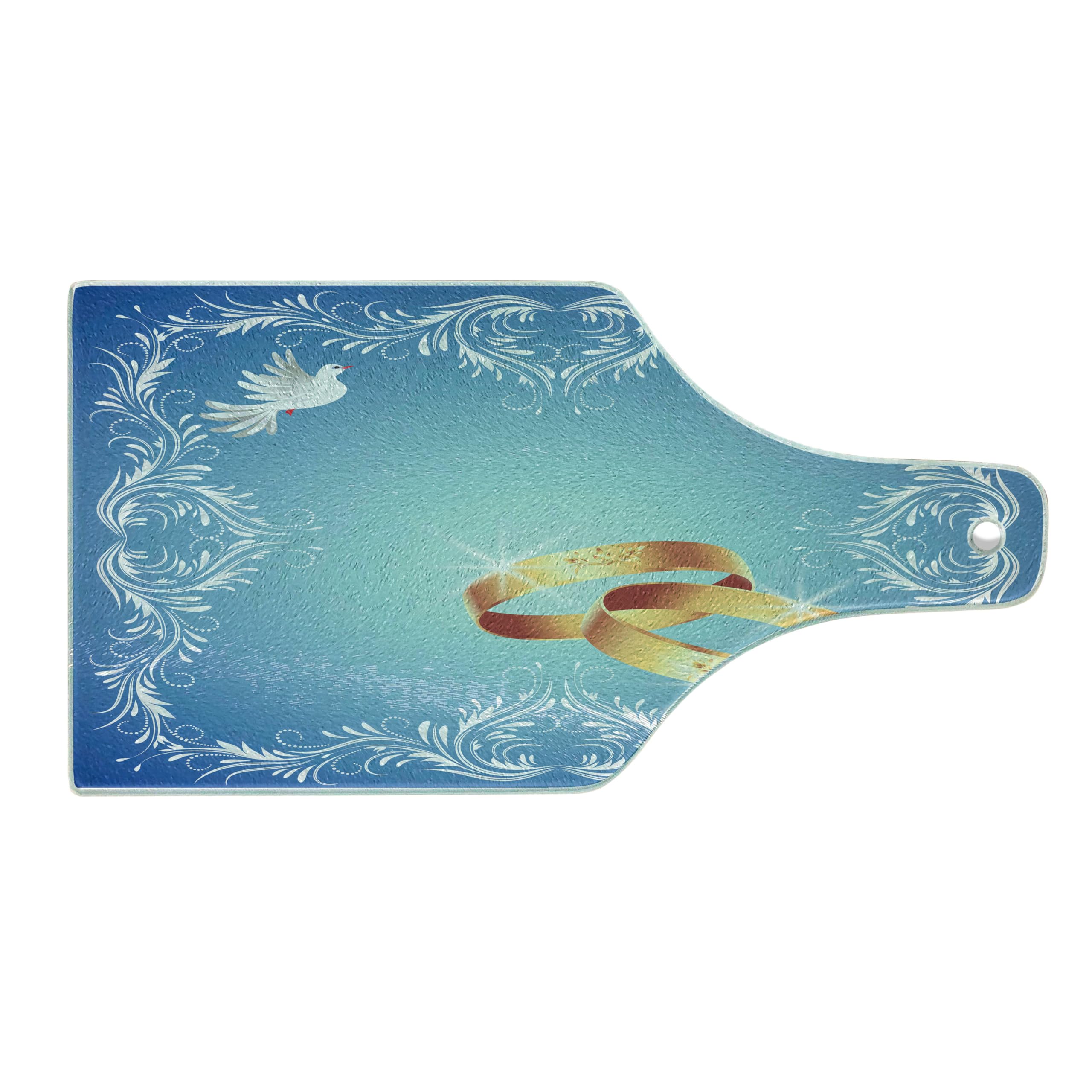 Ambesonne Wedding Cutting Board - Heart Shaped with Flying Doves & Wedding Rings - Tempered Glass Serving Tray for Wine Bottles - Blue White & Caramel - Perfect for Anniversary Gifts, Bridal Showers & Romantic Dinner Serving