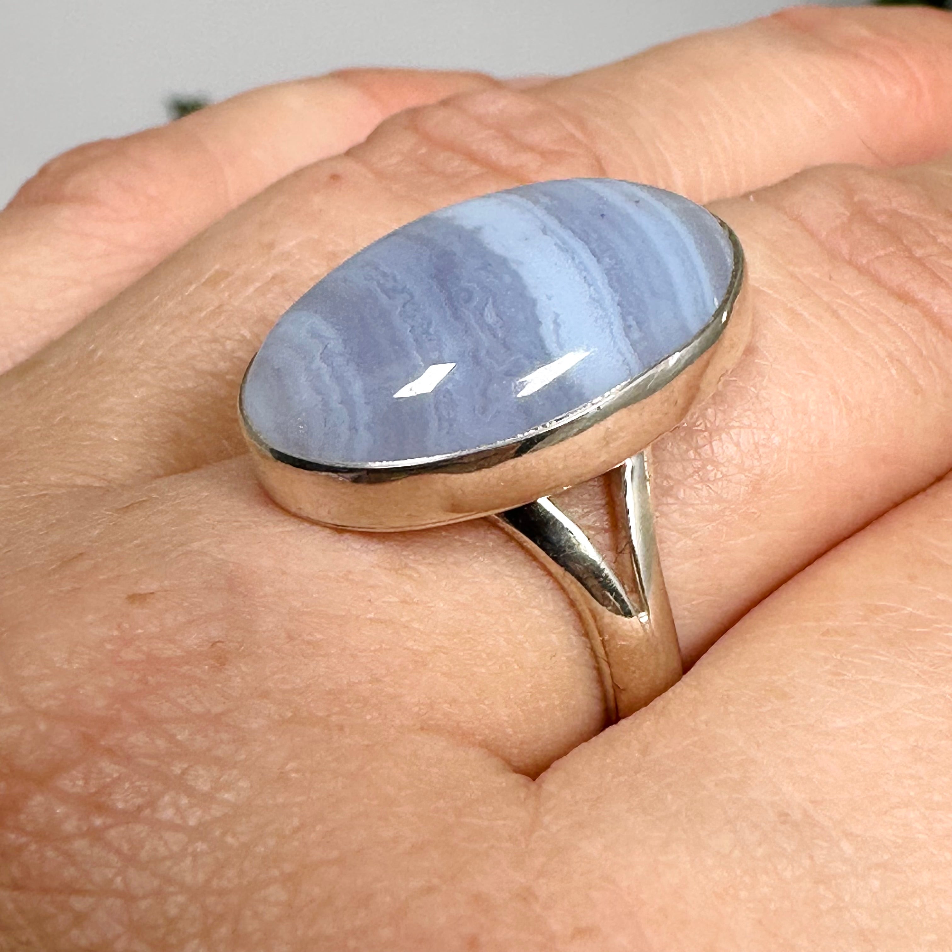 Blue Lace Agate Oval Cabochon Ring - Size 8 - KRGJ3377 - Elegant Handmade Jewelry for Women, Perfect for Weddings, Parties & Everyday Wear