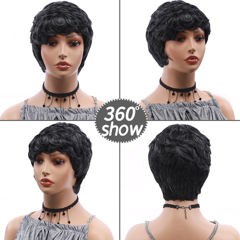 Short Pixie Wigs for Women - Black & Gray Synthetic Curly Hair Wig | Fashionable Full Wig Replacement for Everyday Wear & Cosplay | Perfect for Parties, Halloween & Costume Events