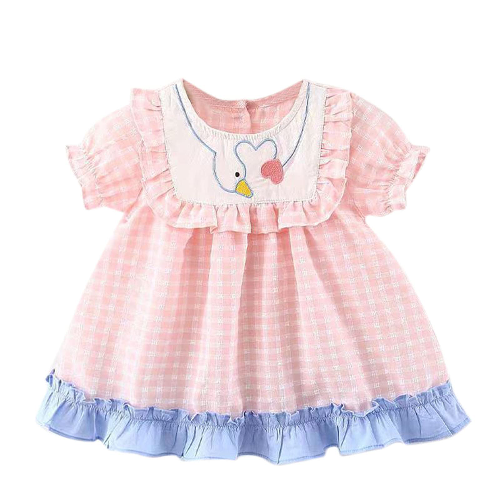 Infant Summer Beach Dress for Baby Girls - Short Sleeve Cartoon Plaid Princess Outfit | Perfect for Beach Vacations, Pool Parties & Outdoor Playdates