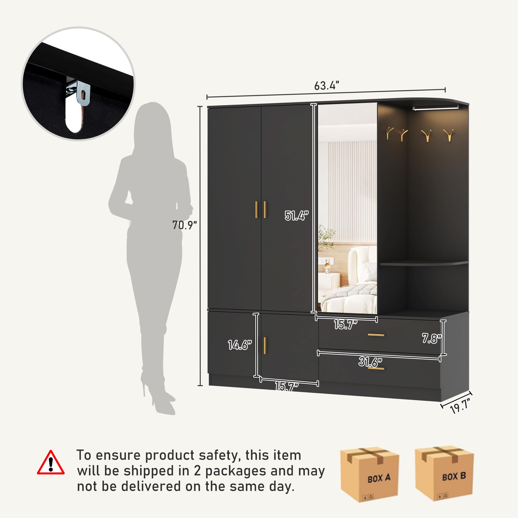 Modern XVD 5-Door Armoire Wardrobe Closet with Mirror, Sensor Light & Storage - Large Wooden Bedroom Closet with 2 Drawers, Shelves, 4 Hooks & 2 Hanging Rods - Perfect for Bedroom, Guest Room or Walk-in Closet Organization (Black)