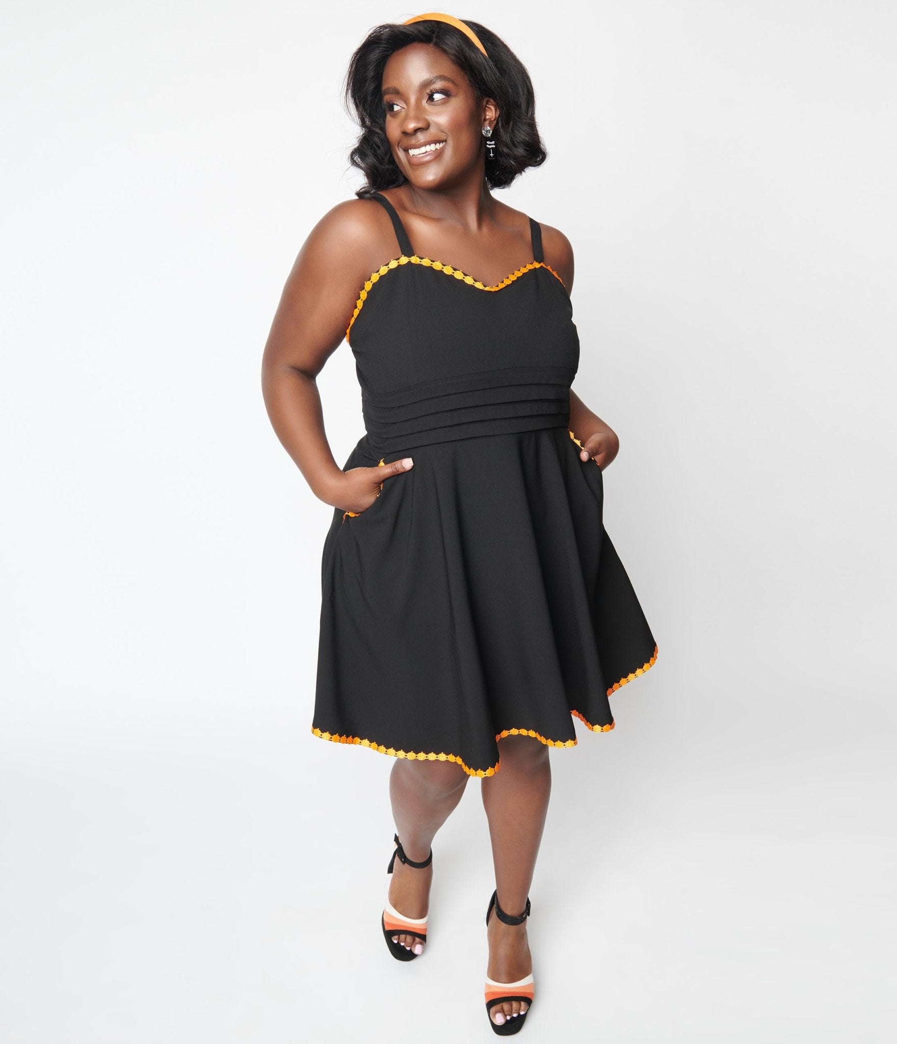 Vintage Black & Pumpkin Trim Fit & Flare Dress - Follow Your Heart Style - Perfect for Fall Parties, Halloween & Retro-Themed Events