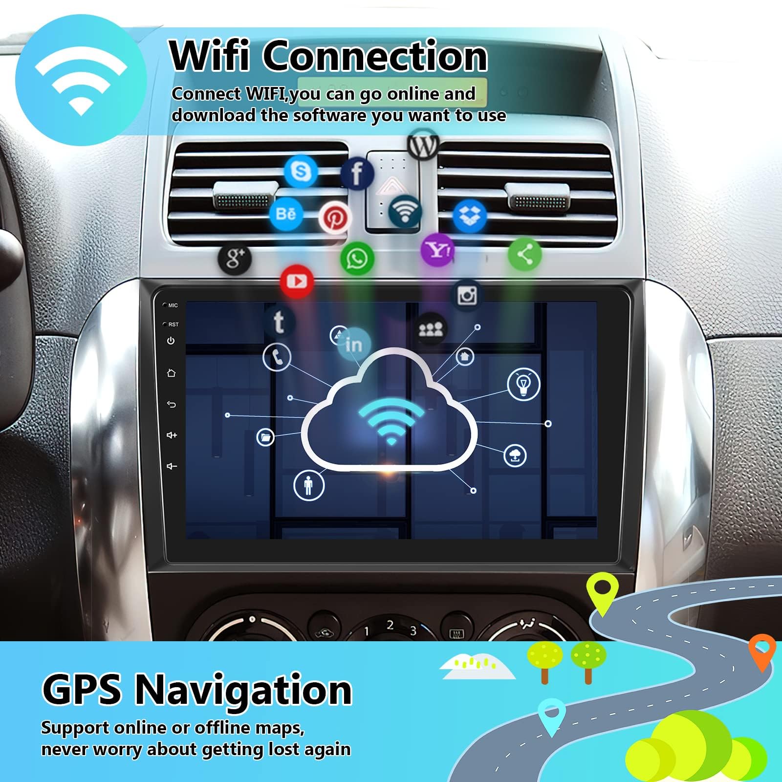9 Inch Android Car Stereo for Suzuki SX4 2006-2013 - Wireless Apple CarPlay & Android Auto, Bluetooth, GPS Navigation, WiFi, HiFi Audio, FM, Steering Wheel Control, USB, HD Backup Camera - Perfect for Road Trips & Daily Commuting