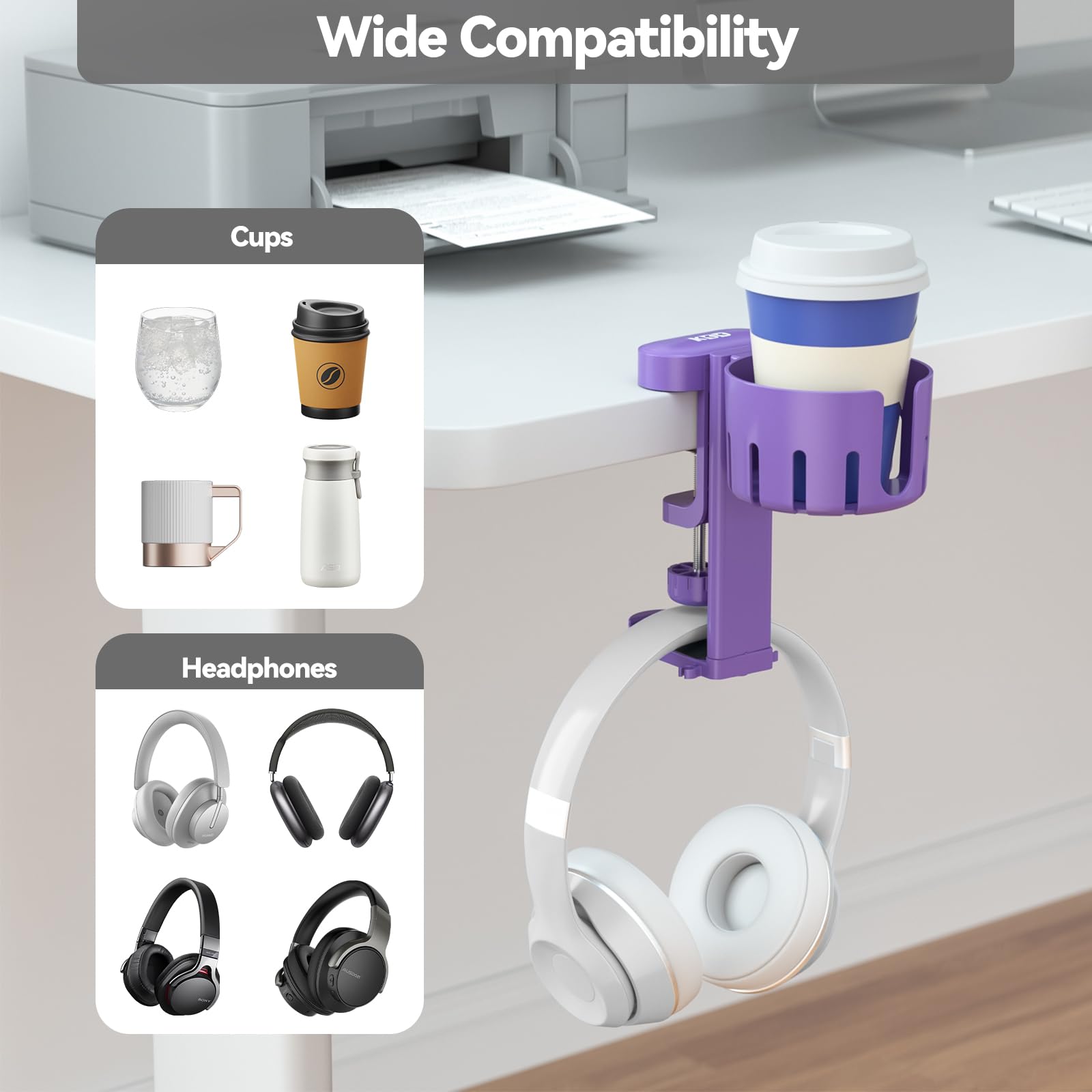 2 in 1 Rotatable Under Desk Headphone Hanger & Cup Holder - Space Saving Desk Clamp Mount for Headset and Coffee/Water Mugs - Perfect for Gaming, Office & Home Workspace (Purple)