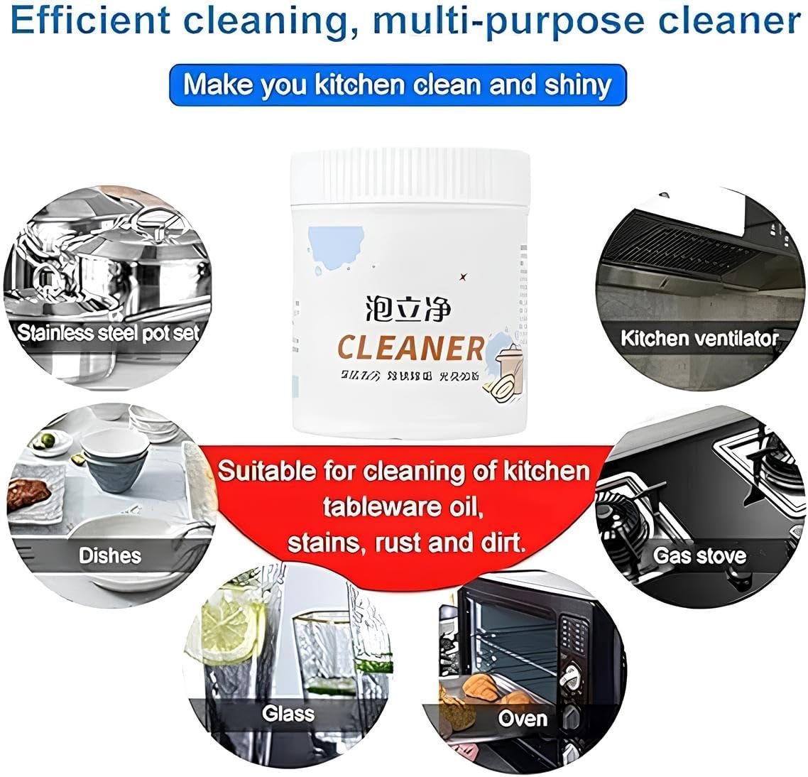 KLEVA All Kitchen Active Oxygen Cleaner Powder - Multi-Purpose Stain, Oil & Grease Remover for Kitchen, Utensils & Sanitary Areas | Rust Cleaner | 250g | Perfect for Deep Cleaning Stoves, Sinks & Cookware
