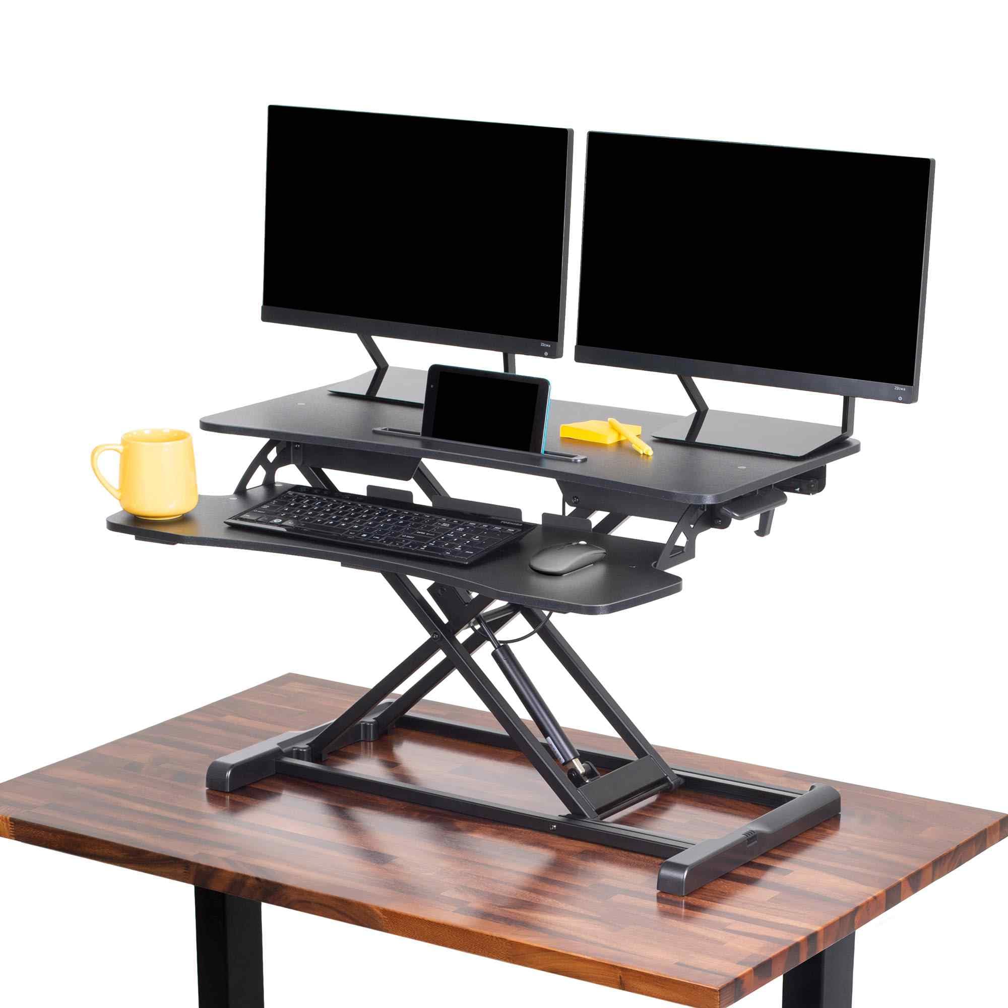 Flexpro Hero 32 Inch Height Adjustable Standing Desk Converter - Ergonomic Sit to Stand Workstation for Home & Office with Keyboard Tray & Monitor Riser (Black, 32