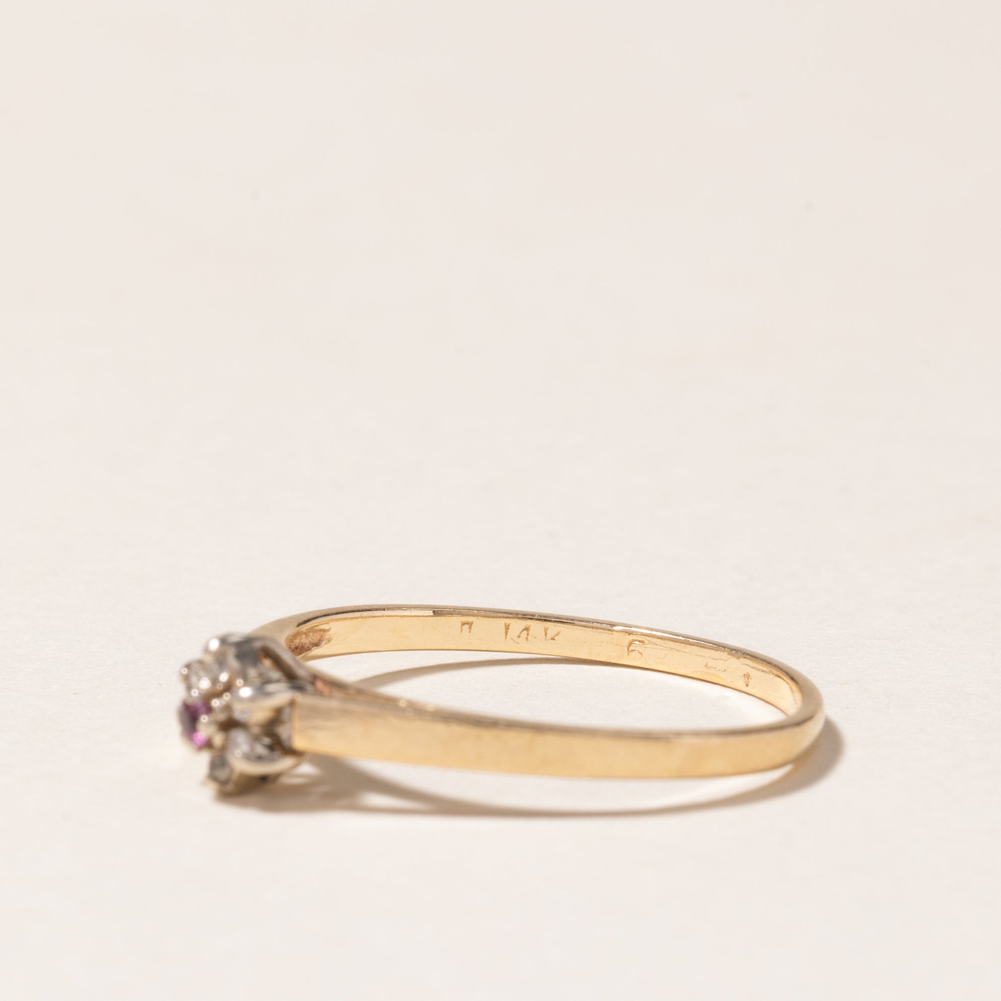 14K Gold Ruby & Diamond Floral Ring - 0.02ct Diamond & 0.03ctw Ruby - Size 5.75 - Elegant Jewelry for Women, Perfect for Weddings, Anniversaries & Special Occasions