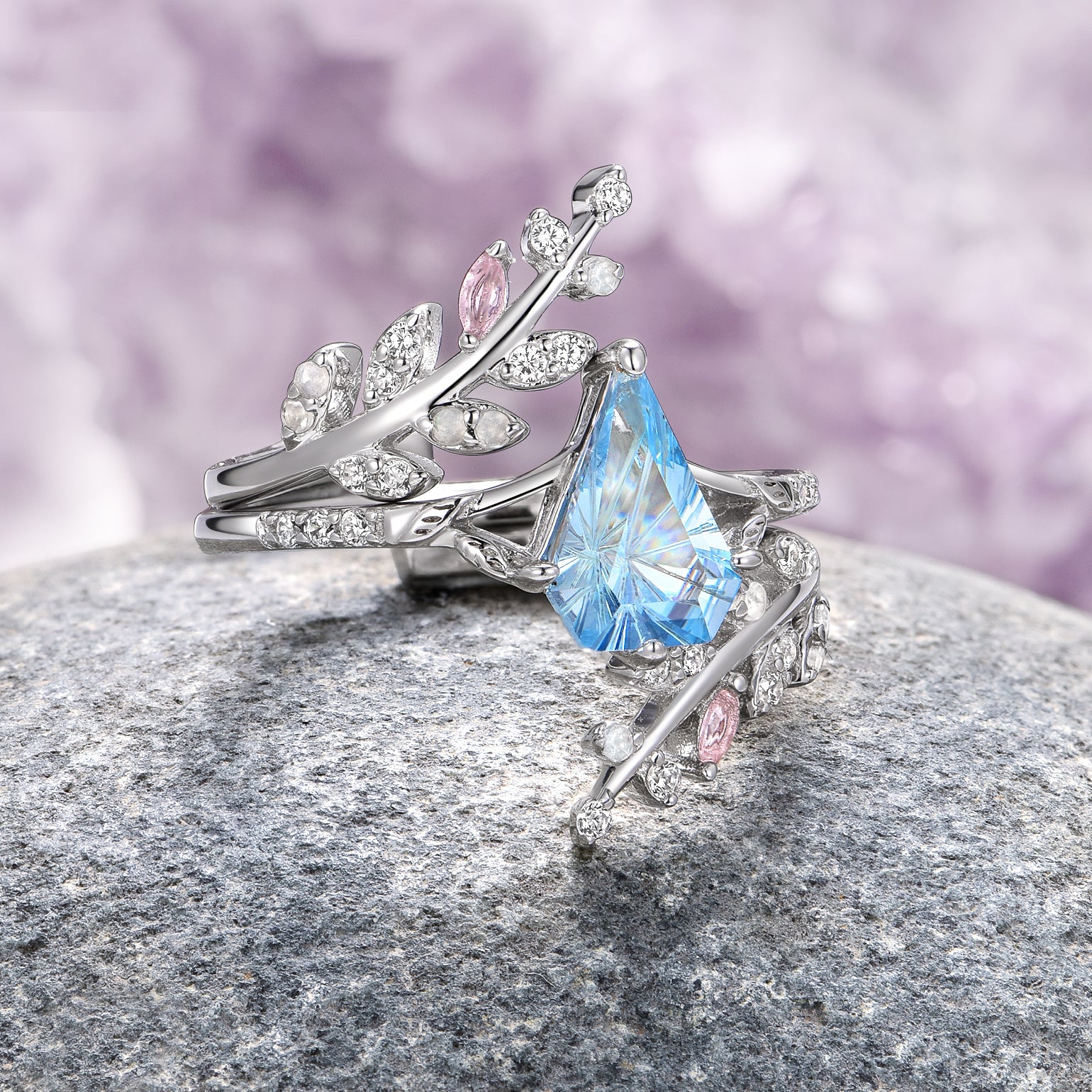 Fantasy Shield Cut Aquamarine & Rose Quartz Leaf Ring Set in 14K White Gold - Elegant Stackable Rings for Women, Perfect for Weddings, Anniversaries & Everyday Wear (2-Piece Set)