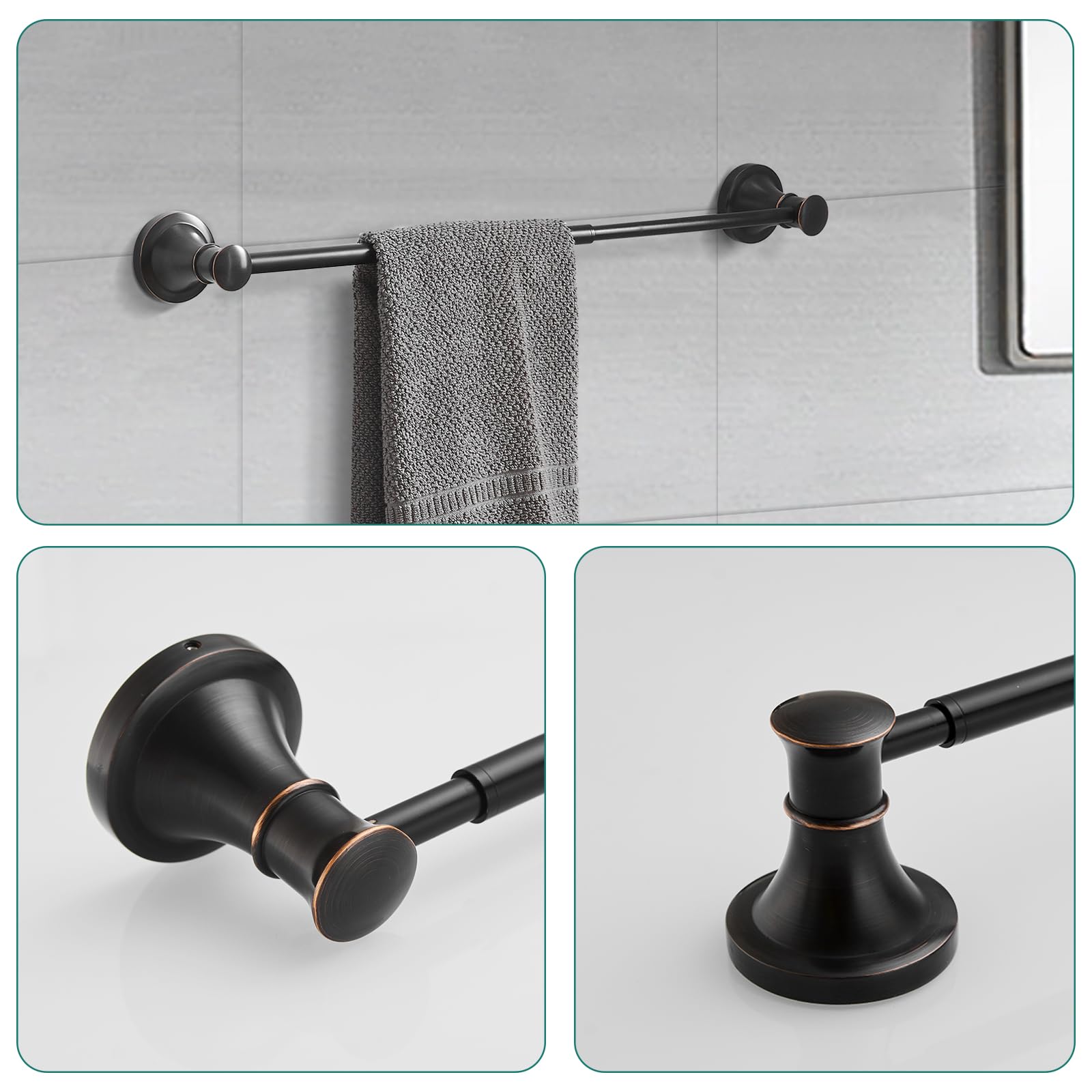 Hoimpro Oil Rubbed Bronze 4-Piece Bathroom Accessory Set - Adjustable Wall Mount Towel Bar Rack, Towel Ring, Toilet Paper Holder & Double Hooks - Perfect for Bathroom, Powder Room & Spa Decor