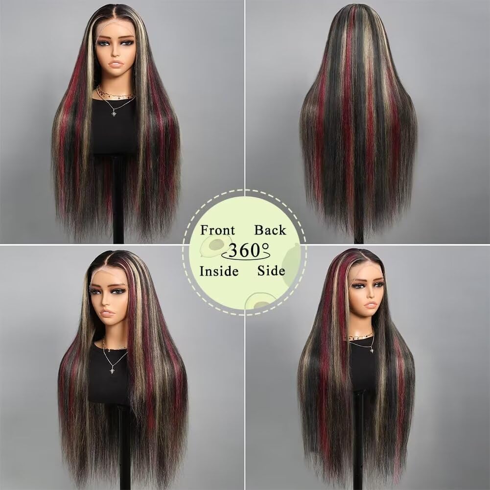 26 Inch Skunk Stripe Human Hair Wig - Burgundy Red Lace Front Wig with Blonde Highlights | 180% Density 13x4 Lace | Ombre Red Straight Human Hair Wig for Cosplay, Halloween & Daily Fashion