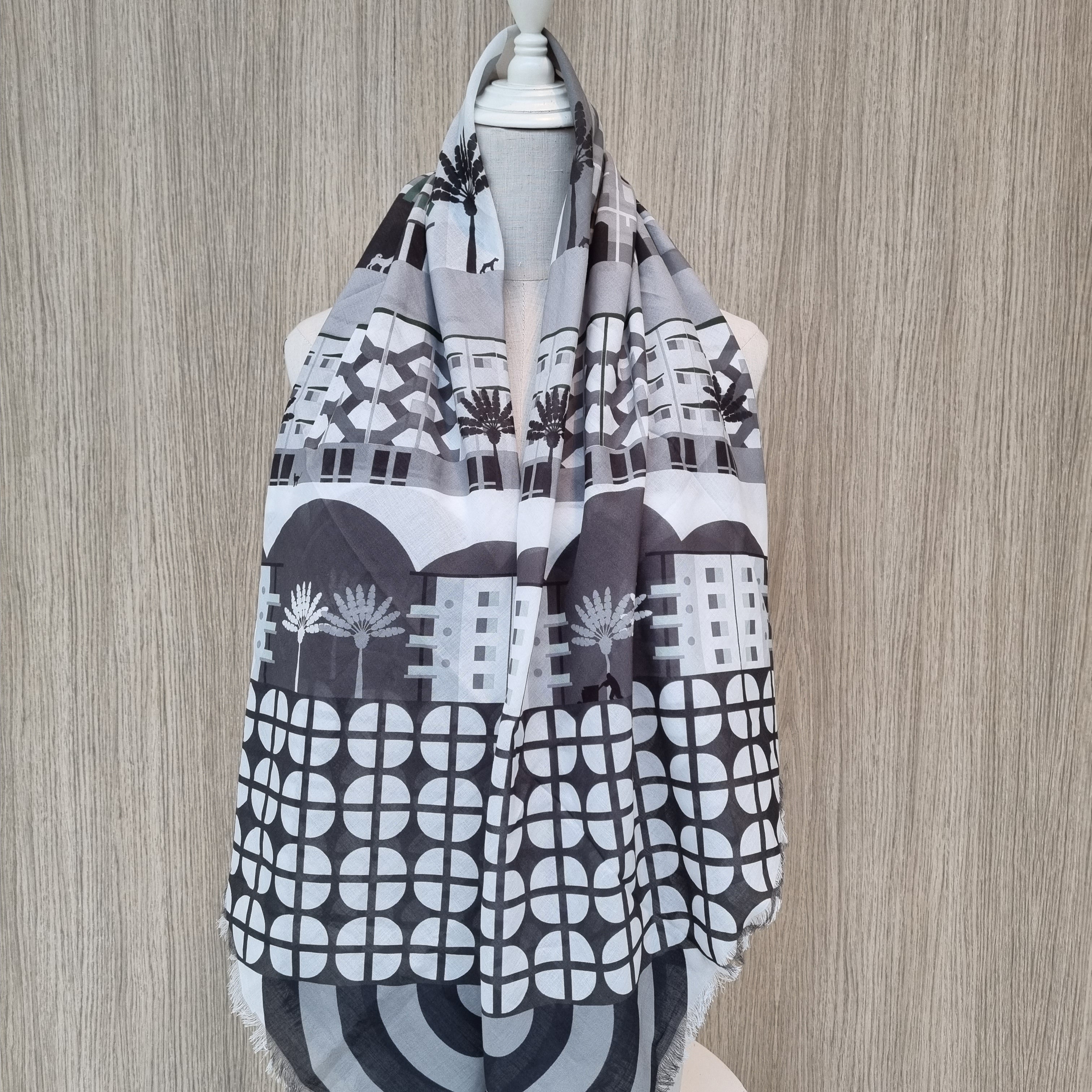 Tiong Bahru Monochrome Cotton Scarf - Lightweight Fashion Accessory for Women, Perfect for Travel, Office & Casual Outfits
