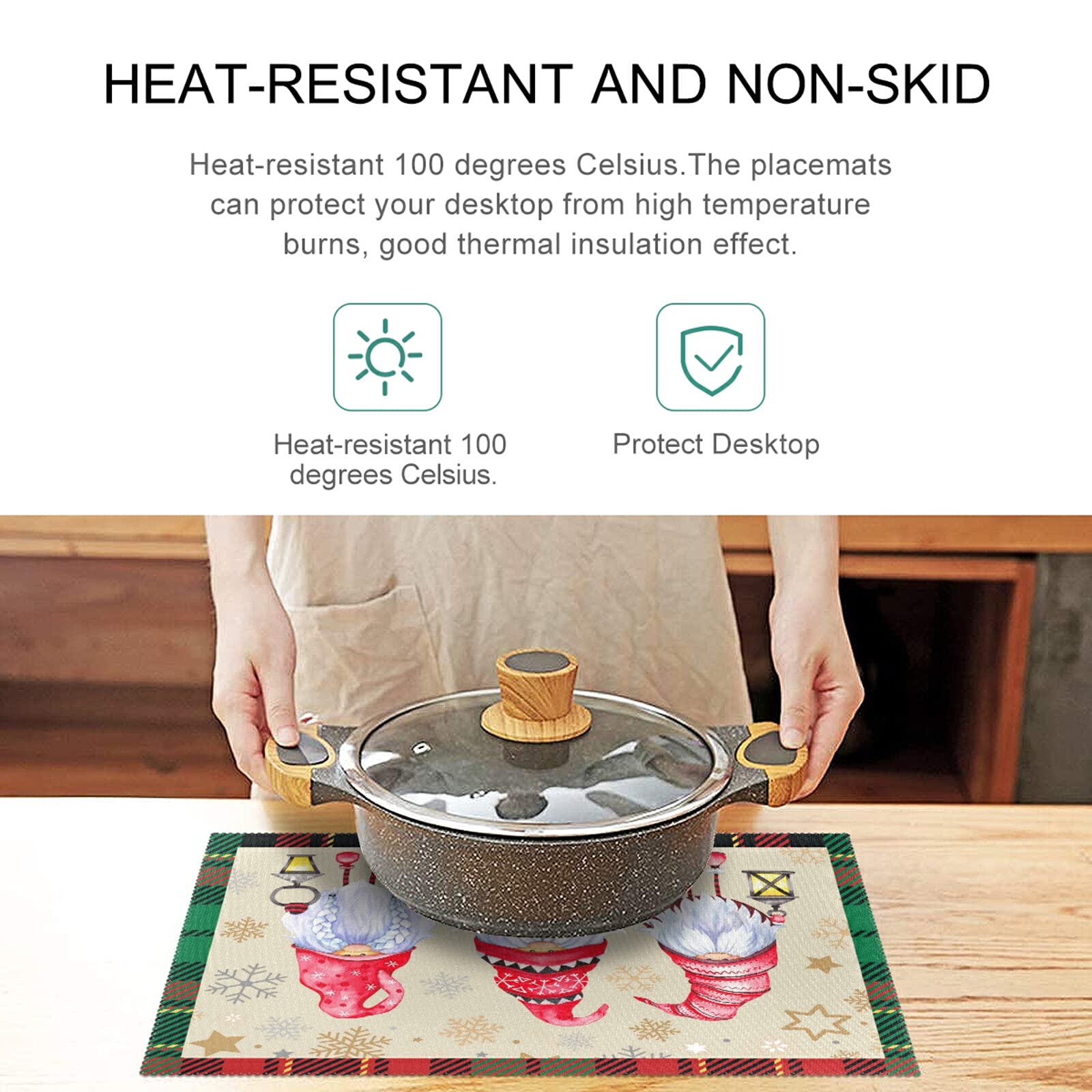 Christmas Gnomes Placemats Set of 4 - Non-Slip Heat-Resistant Washable Holiday Table Mats - 12