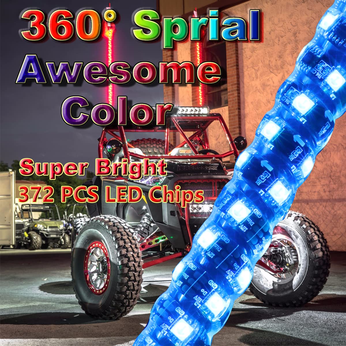 4FT LED Whip Lights - 2 Pack RGB Spiral Antenna Lights with RF Remote Control, 360° Illumination for Off-Road ATV, UTV, Polaris RZR & 4x4 Trucks | Durable Waterproof Design for Night Riding, Camping & Outdoor Adventures