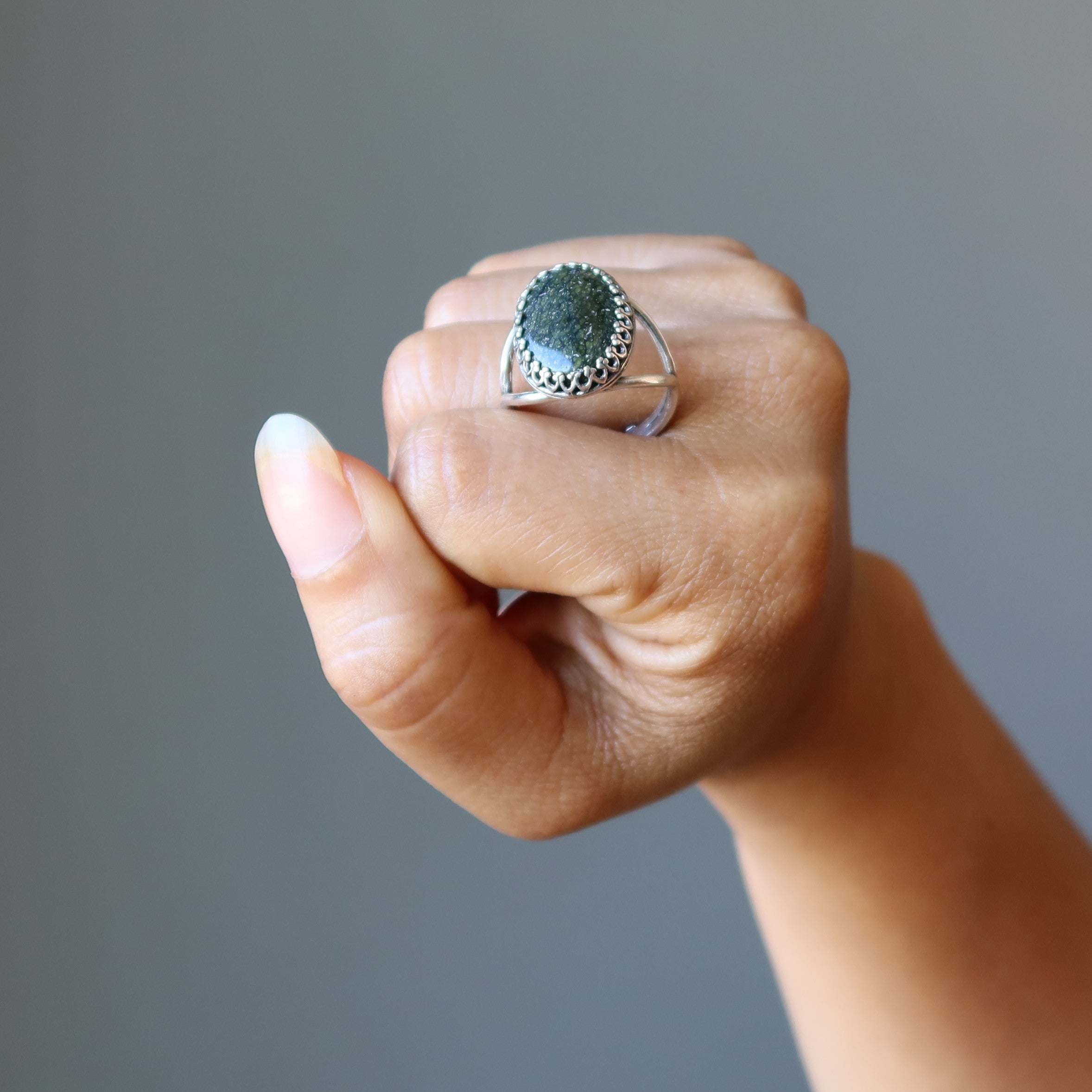 Serpentine Ring with Green Gemstone - Adjustable Sterling Silver Jewelry for Women - Perfect for Everyday Wear, Gifts & Special Occasions