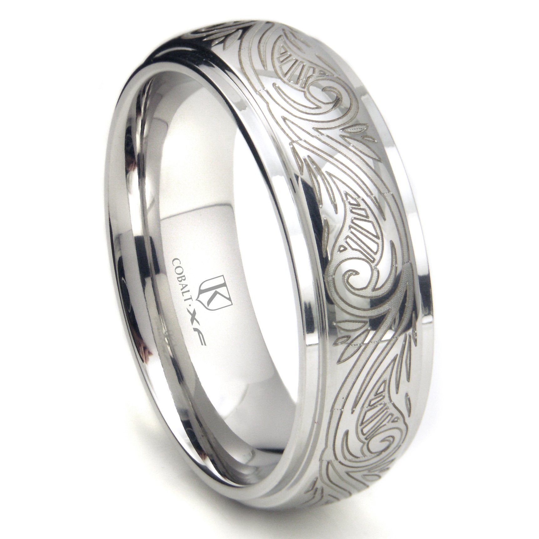 Cobalt XF Chrome 8MM Laser Engraved Paisley Design Dome Wedding Band Ring for Men - Perfect for Engagement, Anniversary & Special Occasion Gifts