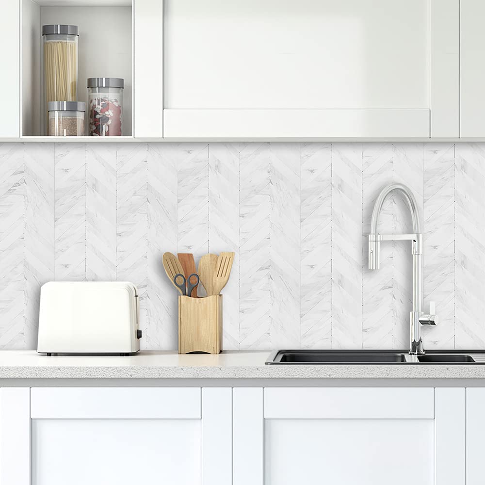 DICOFUN 10 Sheets Herringbone Peel and Stick Backsplash - White Marble Look PVC Self-Adhesive Wall Tile for Kitchen, Bathroom, Laundry Room | Easy DIY Home Renovation & Waterproof Backsplash Solution