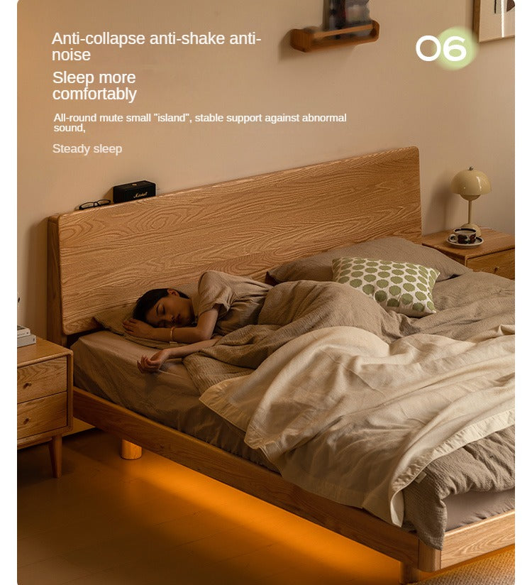 Solid Oak Wood Modern Floating Bed Frame - Queen Size, Sturdy Platform Bed with LED Lights for Bedroom, Living Room, Guest Room