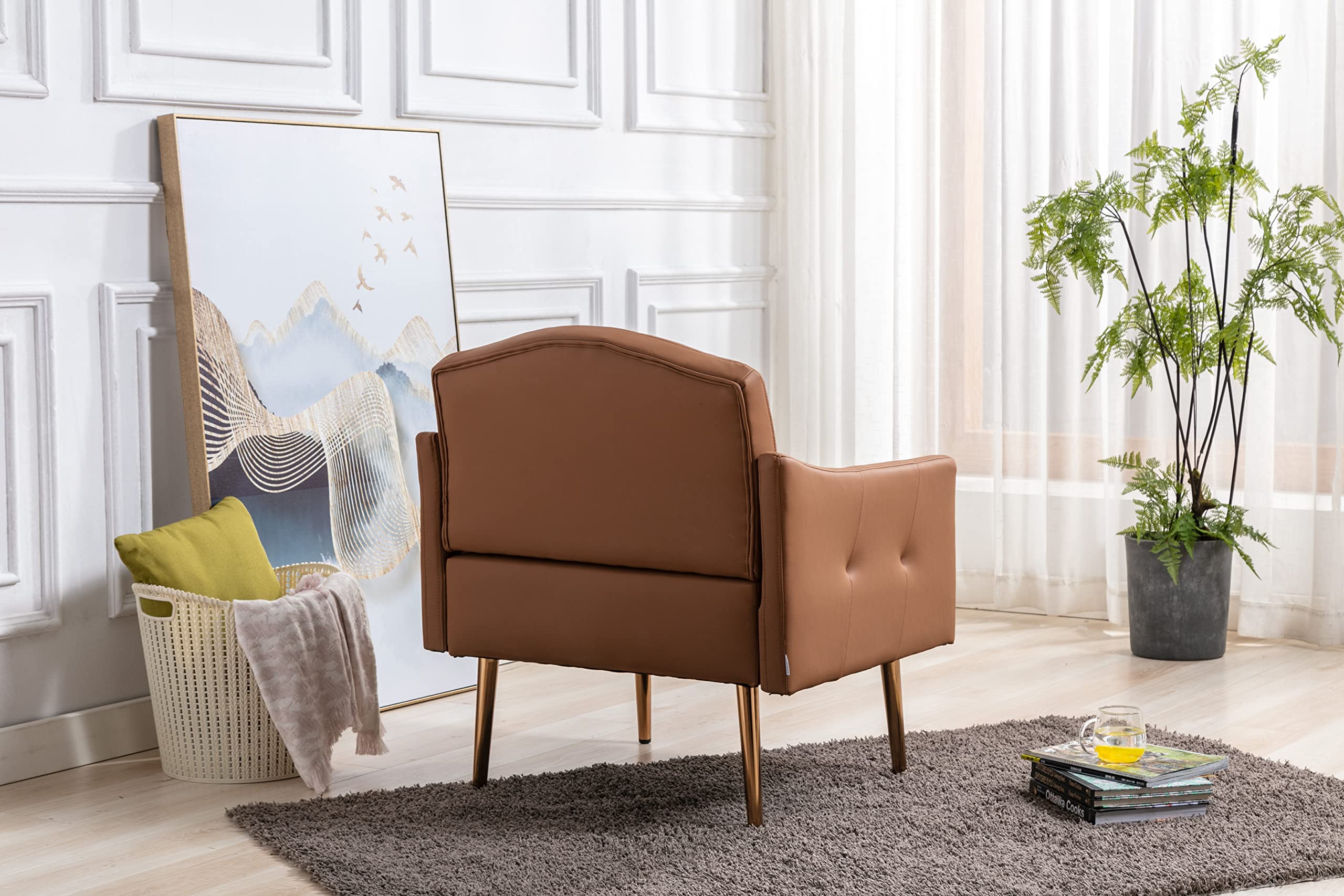 Modern PU Leather Accent Chair - Single Sofa Upholstered Armchair with Comfortable Cushion | Lounge Club Chair for Living Room, Bedroom, Office, Reading Nook & Dressing Room (Brown) - Stylish Home Decor & Relaxation Seating