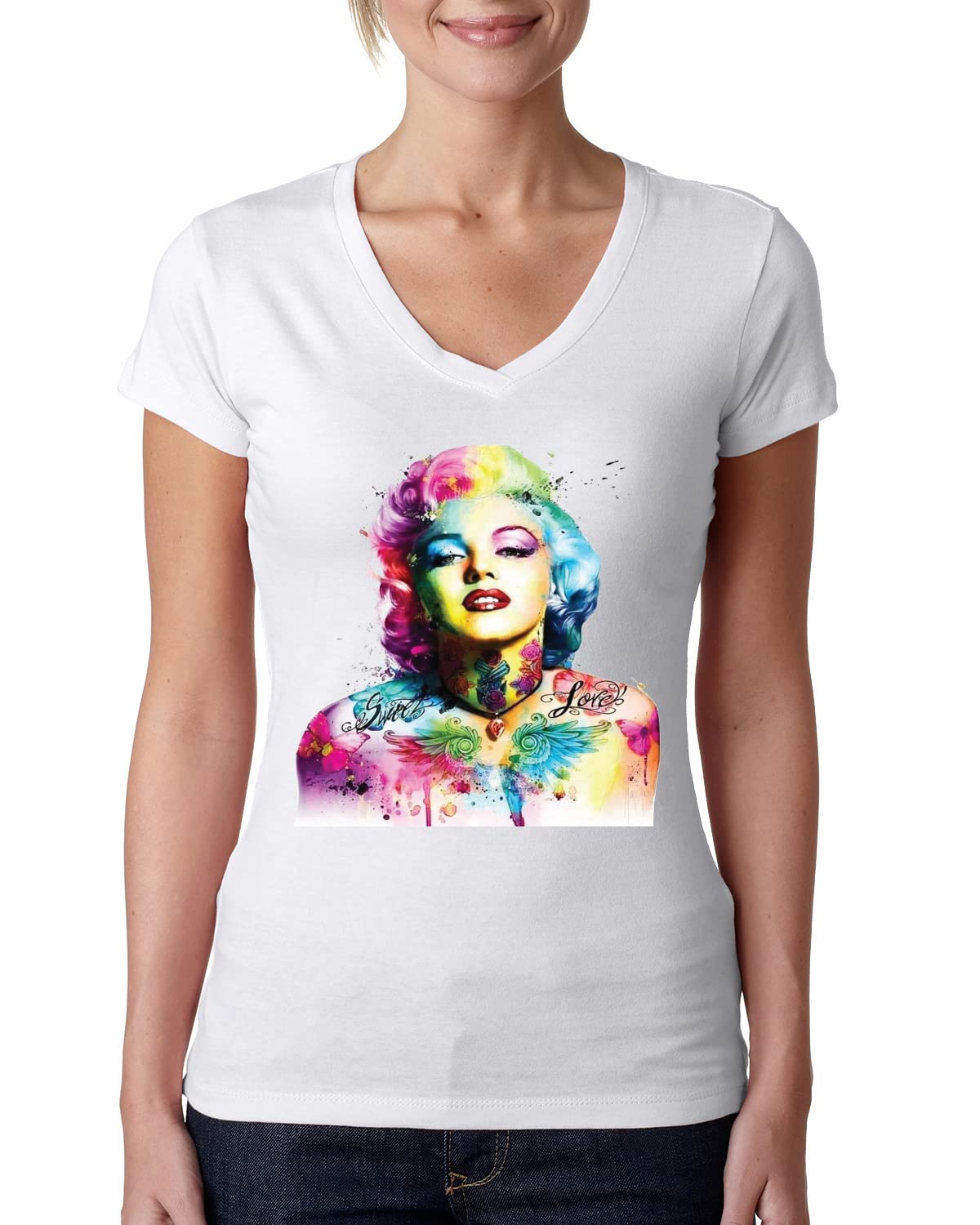 Vibrant Marilyn Multicolor Pop Art T-Shirt for Women - Junior Fit V-Neck Tee | Perfect for Casual Wear, Pop Culture Events & Retro Fashion