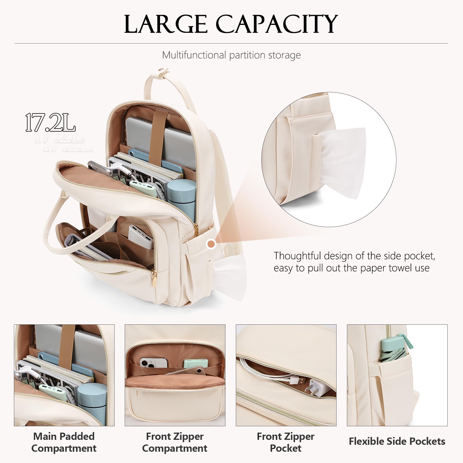 Waterproof 16 Inch Laptop Backpack for Women - Stylish Teacher & Nurse Work Bag with Dedicated Laptop Compartment - Perfect for College, Office, Travel & Daily Commute (Beige) | Ideal for Professionals, Students & Frequent Travelers
