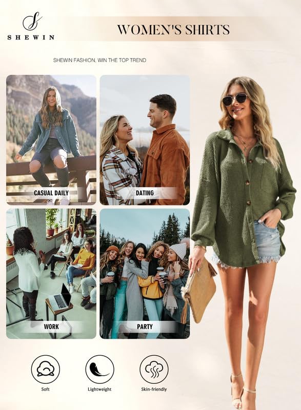 SHEWIN Women's Waffle Knit Button Down Shirt - Casual Long Sleeve Shacket Jacket, Boyfriend Style Loose Fit Blouse for Fall & Winter | Perfect for Office, Dating, and Outdoor Activities