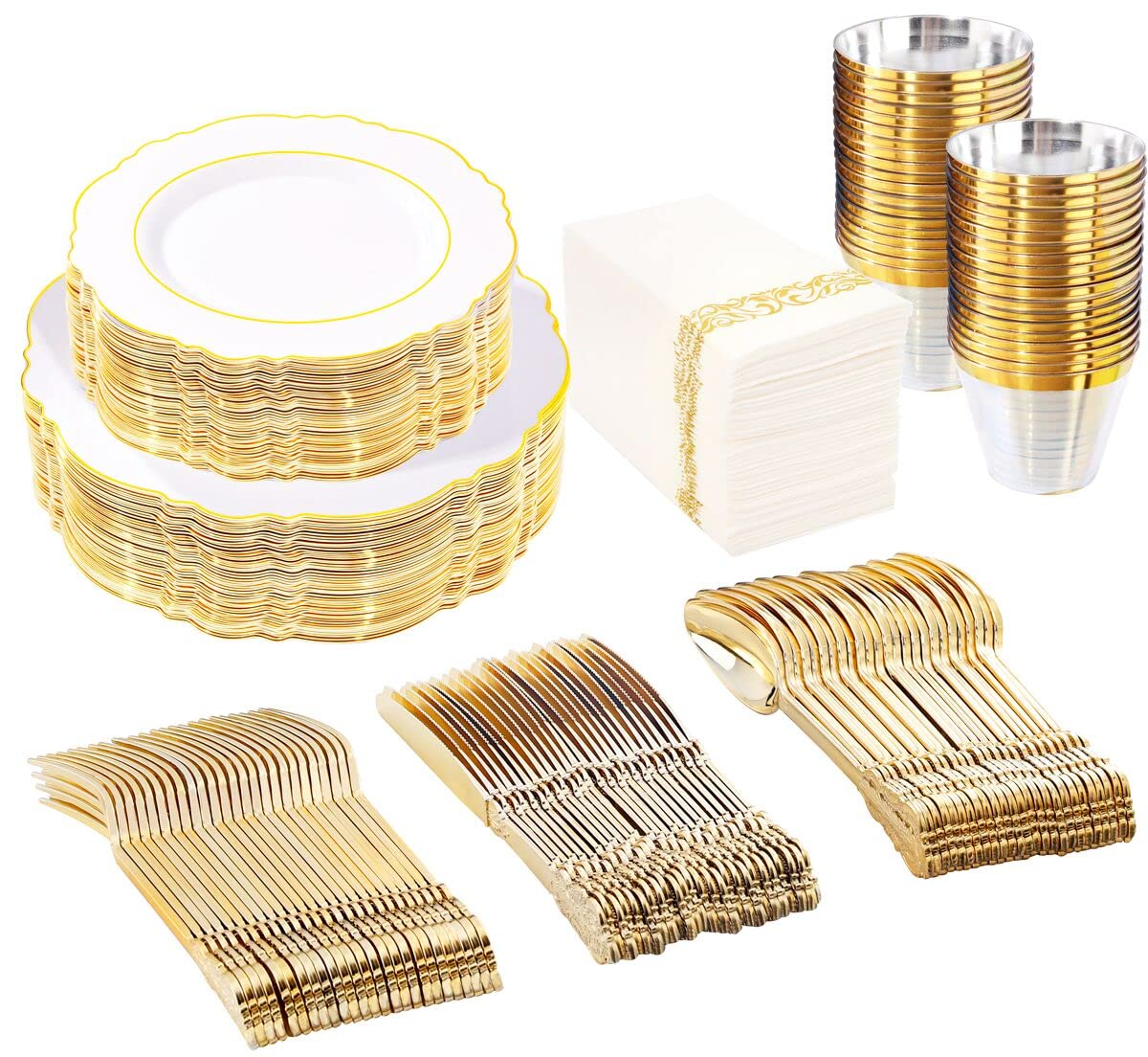 Premium 50-Piece Gold Plastic Dinnerware Set - 100 Disposable White & Gold Plates, 150 Gold Silverware, 50 Cups & 50 Napkins - Elegant Wedding, Thanksgiving & Party Supplies for Special Occasions