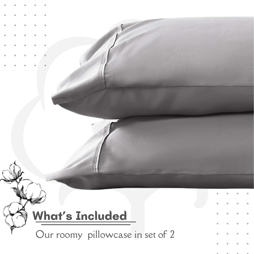 Premium 100% Long Staple Combed Cotton Pillowcases - Cooling Standard Size 20x30 Inches (Set of 2) - Light Grey Solid with 4-Inch Hem - Breathable & Soft for Better Sleep - Perfect for Bedroom, Guest Room & Travel