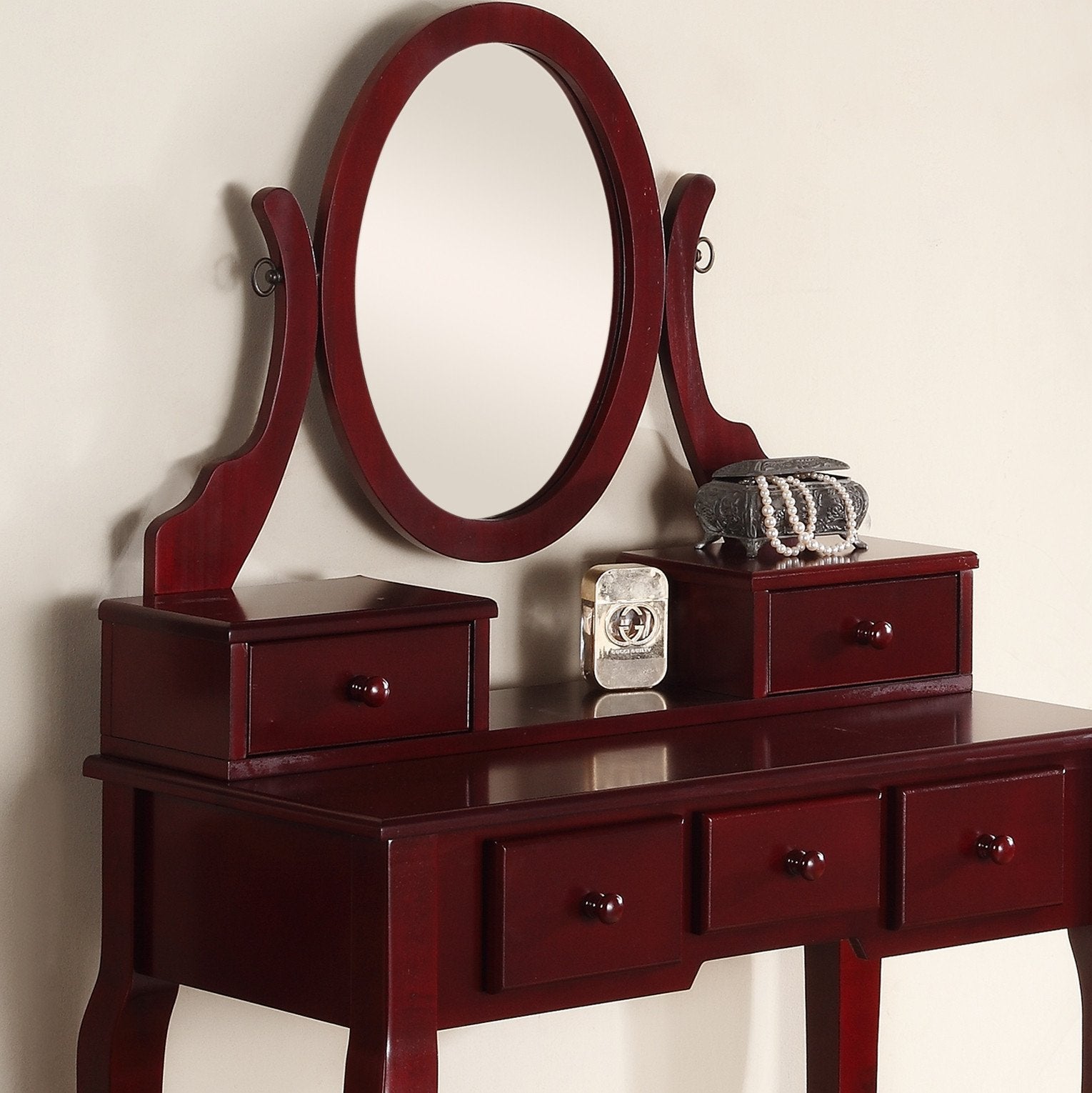 Ashley Wood Makeup Vanity Table and Stool Set with Mirror - Cherry Finish for Bedroom, Dressing Room & Beauty Salon | Roundhill Furniture