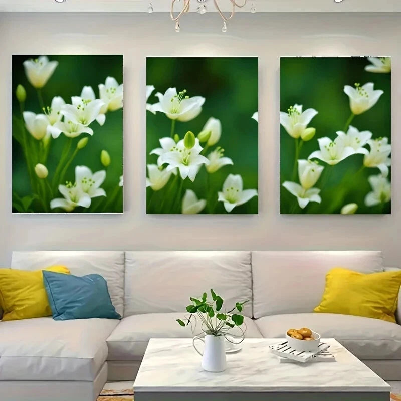3-Piece White Floral and Green Leaves Metal Wall Art - Ready to Hang Home Decor for Living Room, Bedroom, or Office