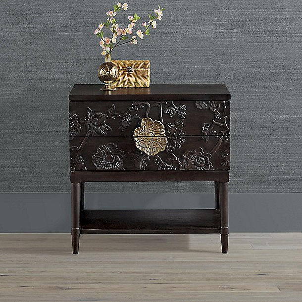 Hand Carved Floral Design Brown Nightstand with 2 Drawers & Shelf - Vintage Bedside Table for Bedroom, Living Room, or Guest Room Decor