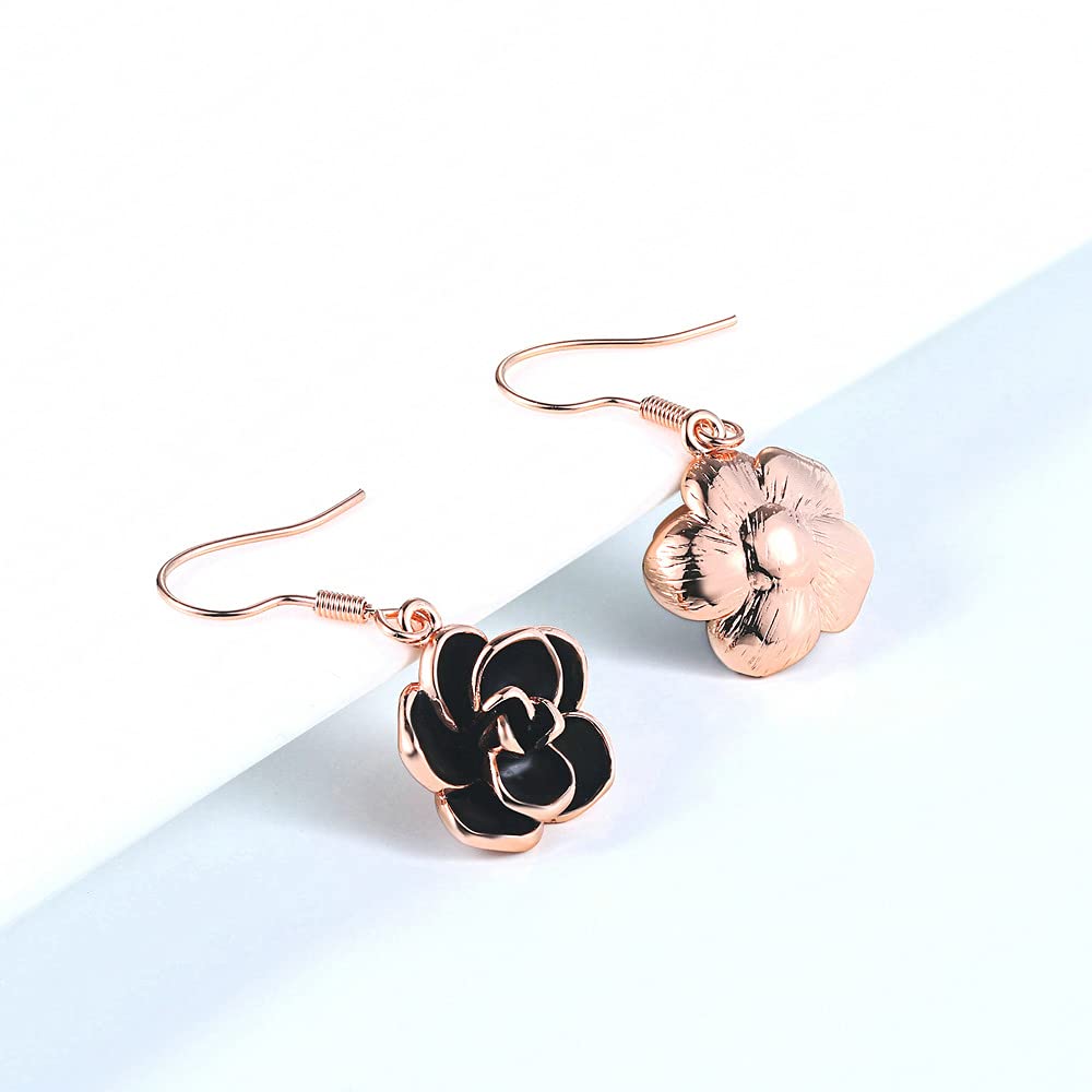 18K Rose Gold Plated Black Rose Flower Hook Earrings for Women - Elegant Dangle Earrings for Party, Wedding & Evening Occasions