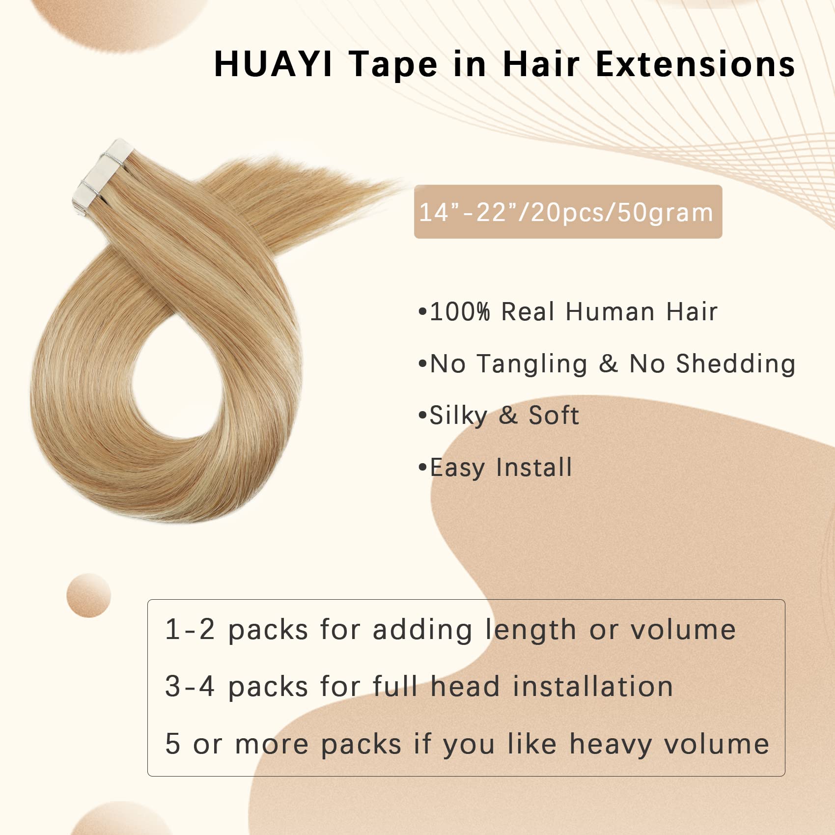20Pcs 20In 50g Tape-In Human Hair Extensions - Honey Brown Mixed Bleach Blonde 100% Natural Silky Straight Hair for Women | Perfect for Volume Boost, Styling & Everyday Fashion Looks