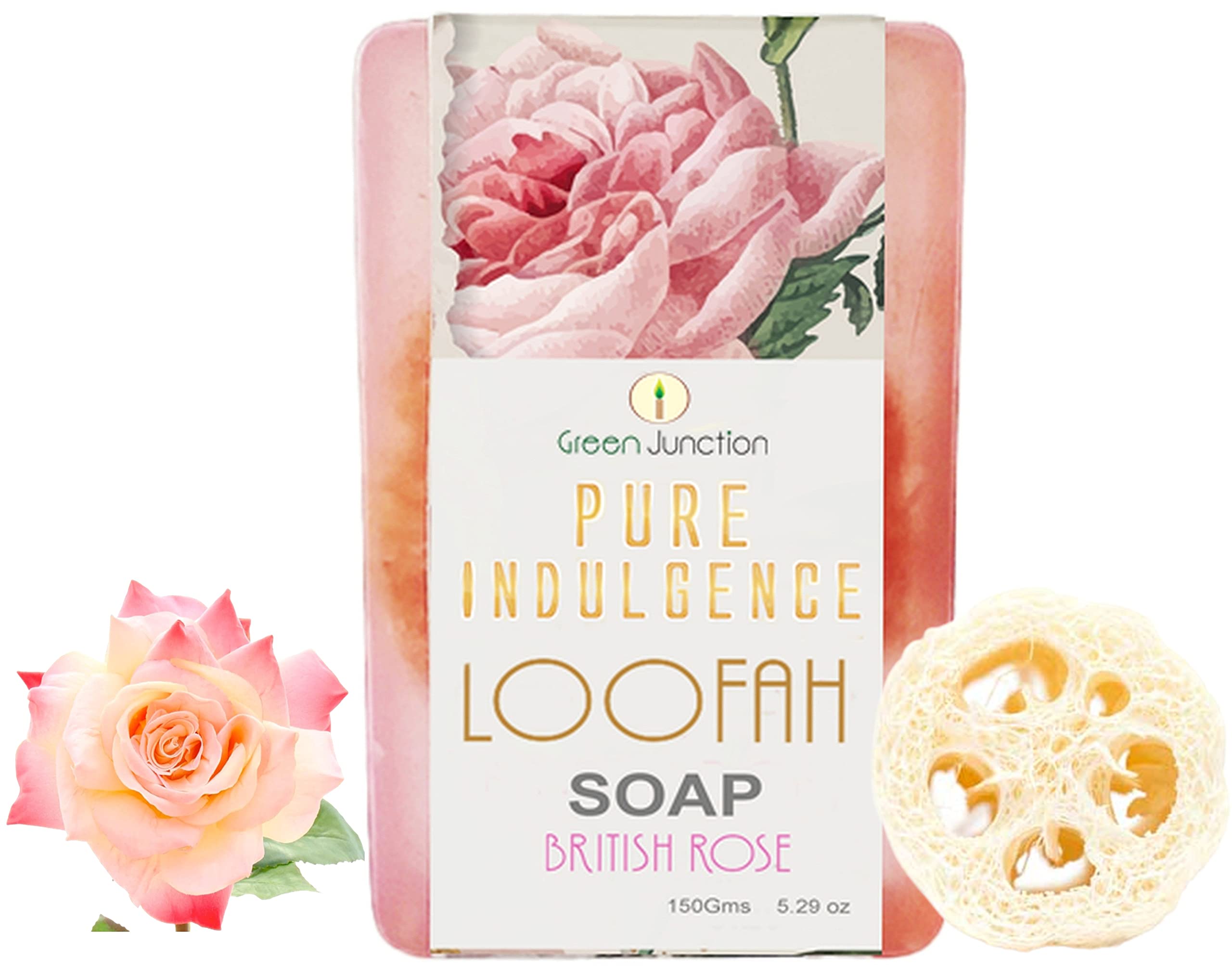 Green Junction Pure British Rose Indulgence Loofah Soap (150g) - Luxurious Exfoliating Body Wash for Soft Skin | Perfect for Spa Day, Romantic Gifts & Self-Care Routine