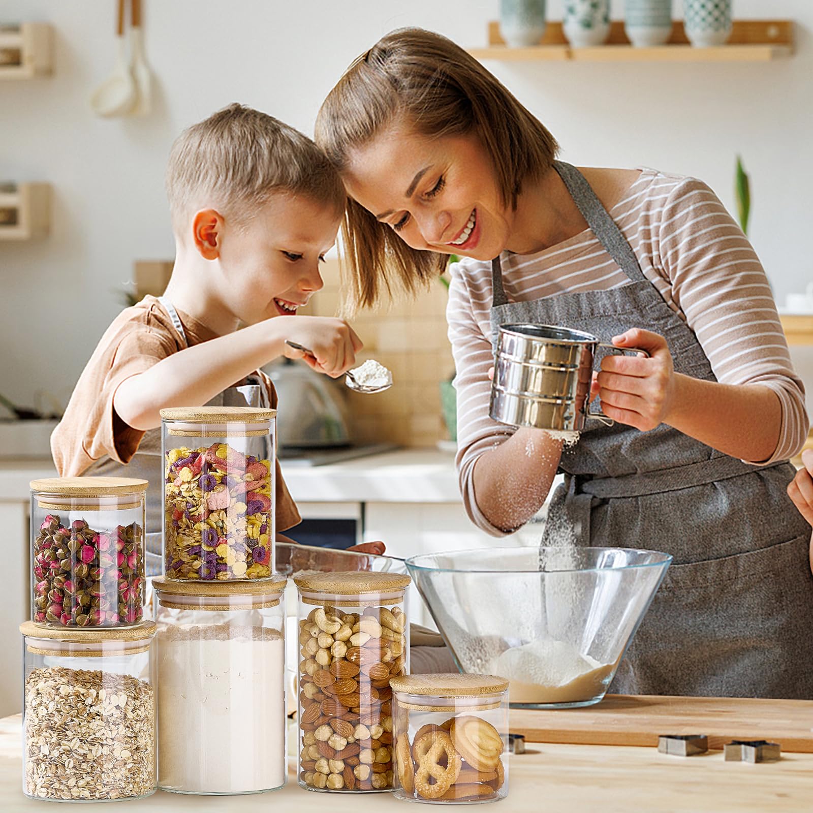 7-Pack Thicker Glass Food Storage Containers with Airtight Bamboo Lids - Clear Pantry Jars for Pasta, Nuts, Coffee, Tea, Spices & Dry Foods - BPA-Free Kitchen Organization Set - Perfect for Meal Prep, Baking & Pantry Storage