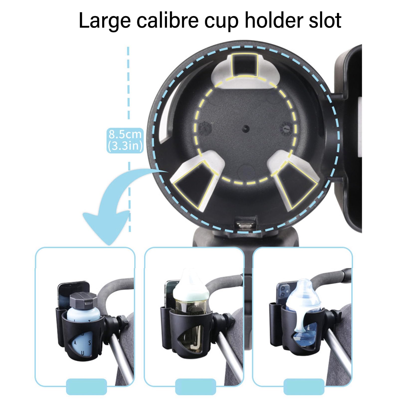 NOENNULL 2 in 1 Stroller Cup Holder with Phone Holder - Adjustable 360° Rotating Universal Drink Holder for Coffee, Water Bottles - Fits Strollers, Bikes, Wheelchairs, Shopping Carts (Black) - Perfect for Parents, Cyclists & Outdoor Activities