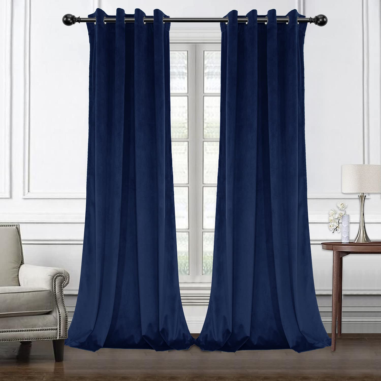 Premium Navy Blue Velvet Blackout Curtains for Living Room - Thermal Insulated Room Darkening Grommet Window Drapes (52x95 Inch, 2 Panels) - Perfect for Home Theater, Nursery & Light Control