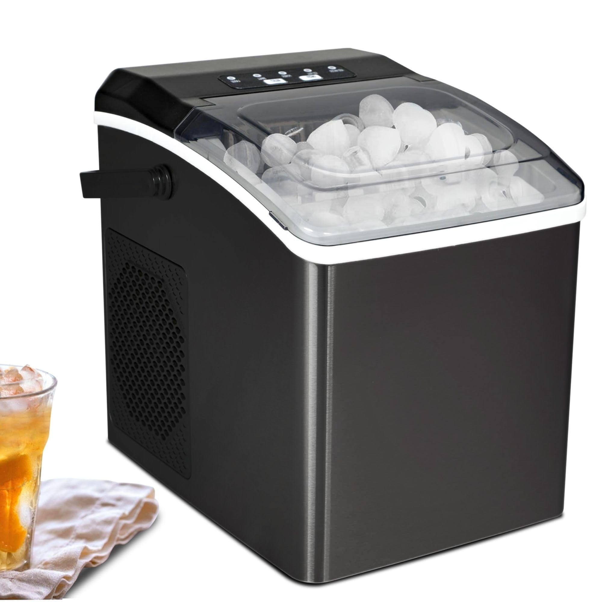 Koolatron Countertop Ice Maker - 26 Lbs/24Hrs Portable Ice Machine, Makes 9 Crunchy Pebble Ice Cubes in 6 Minutes, Self-Cleaning Stainless Steel Black Ice Maker for Cocktails, Sodas & Beverages - Perfect for Home Bars, Offices and Outdoor Parties
