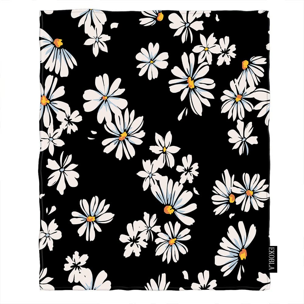 EKOBLA Daisy Print Throw Blanket - Floral Blossom Design in White & Yellow | Ultra Soft Flannel Fleece Blanket for Bedroom, Sofa, Couch, Car & Outdoor Use | Perfect for Cozy Evenings, Picnics and Travel
