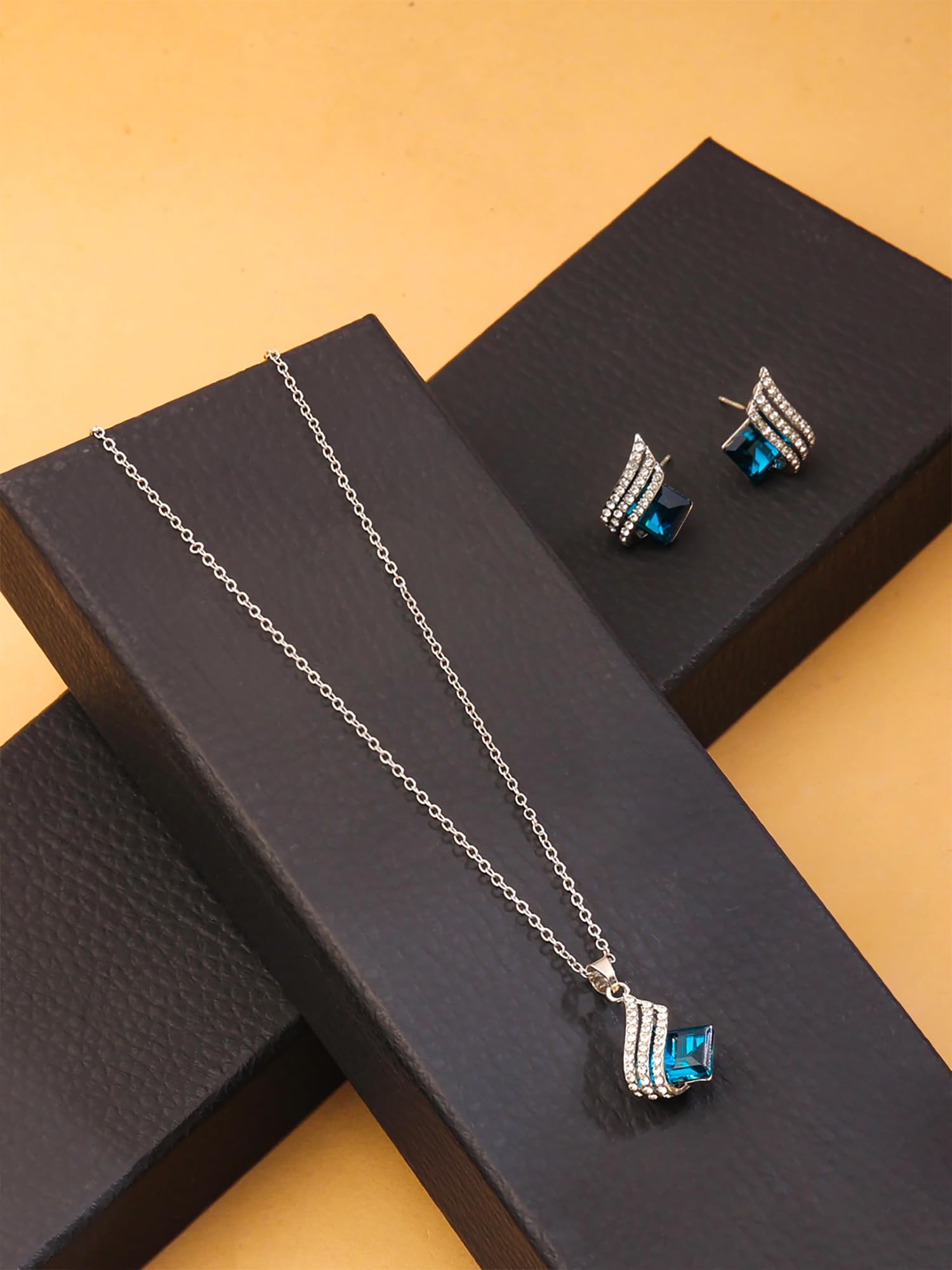 Elegant Yellow Chimes & Blue Crystal Pendant Set for Women and Girls - Silver Tone Necklace with Matching Earrings | Perfect Birthday, Valentine's Day Gift | Ideal for Parties, Date Nights, and Special Occasions