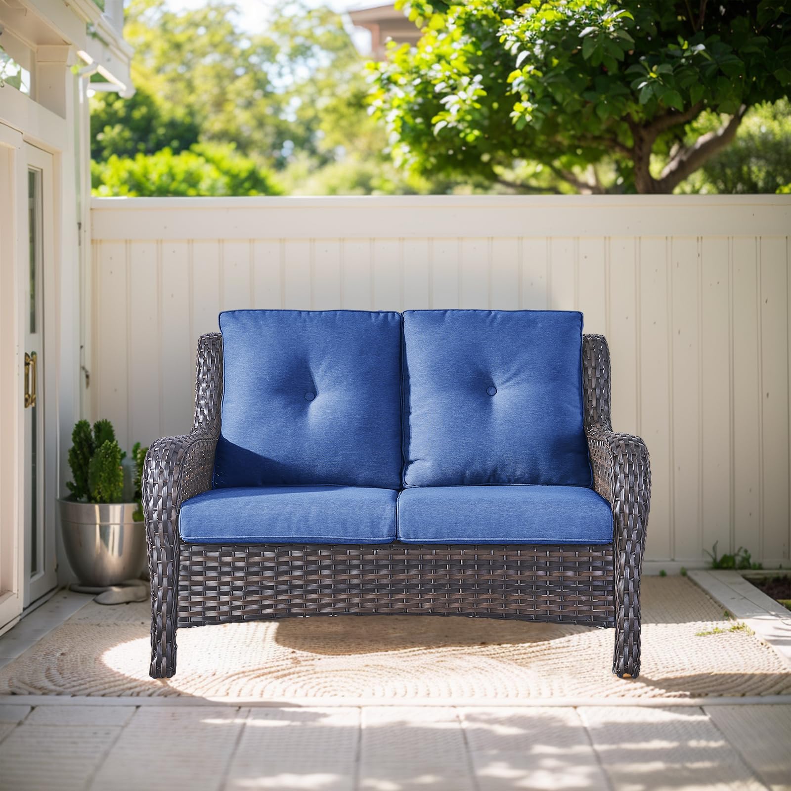 Outdoor Loveseat Sofa - 2 Seater Rattan Wicker Patio Couch with High Back - Brown/Blue - Perfect for Porch, Deck, Backyard, Garden & Outdoor Relaxation