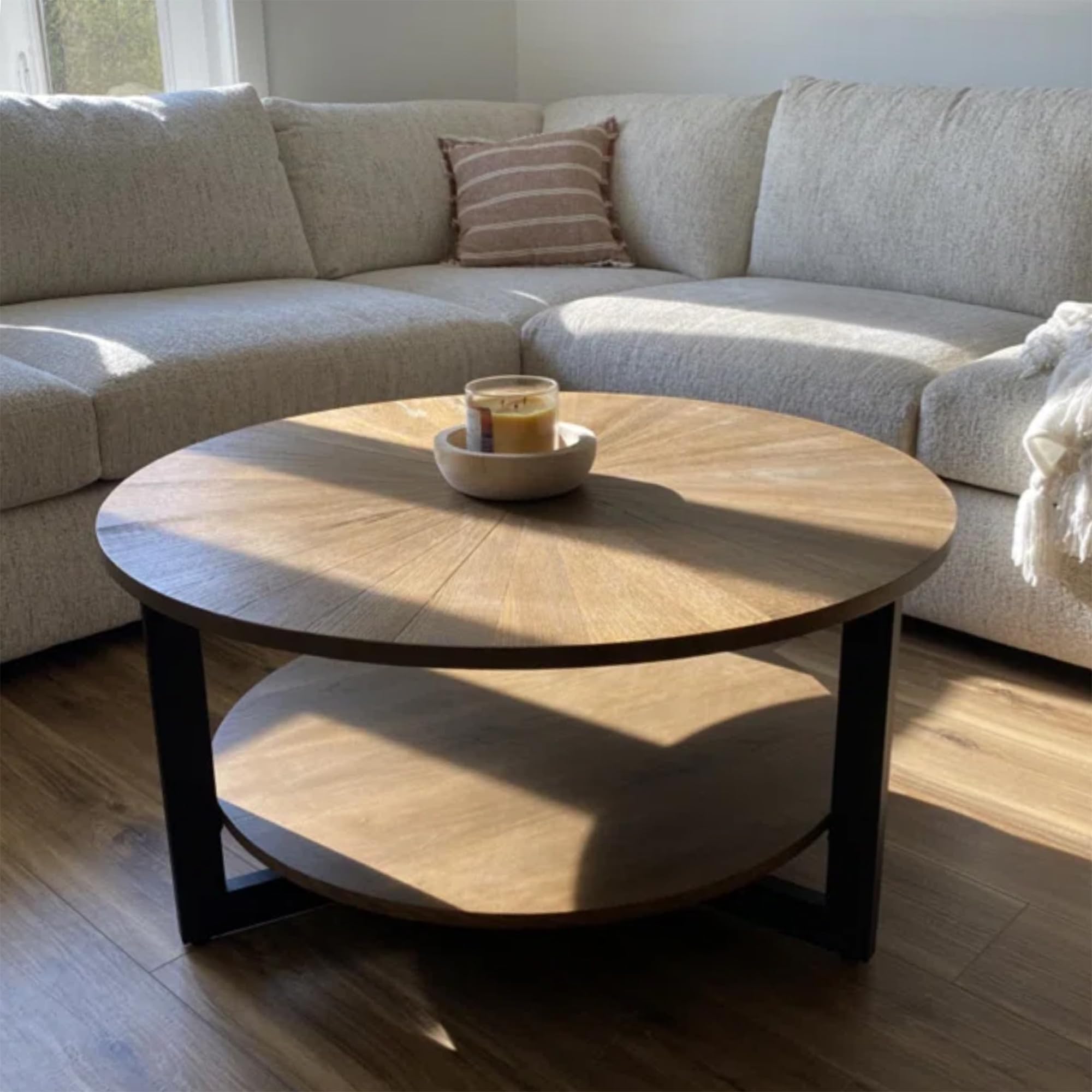 Round Coffee Table for Living Room - 2 Tier Solid Wood Coffee Table with Storage Shelf & Black Metal Legs, 33.5