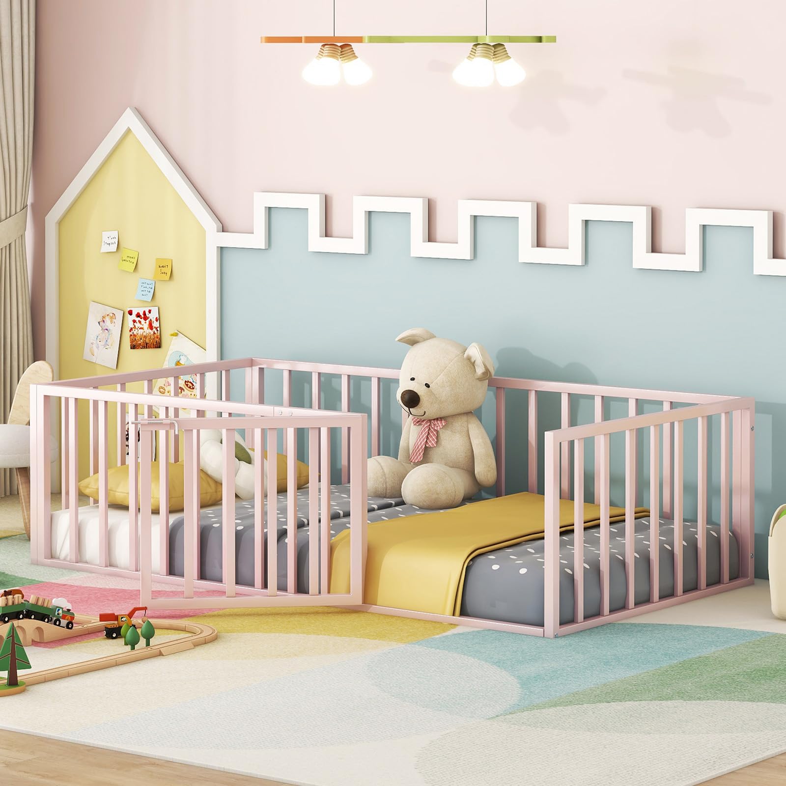 Montessori Twin Floor Bed with Safety Fence & Door - Metal Frame Kids Platform Bed with Rails for Boys & Girls - Perfect for Toddler Rooms & Play Areas