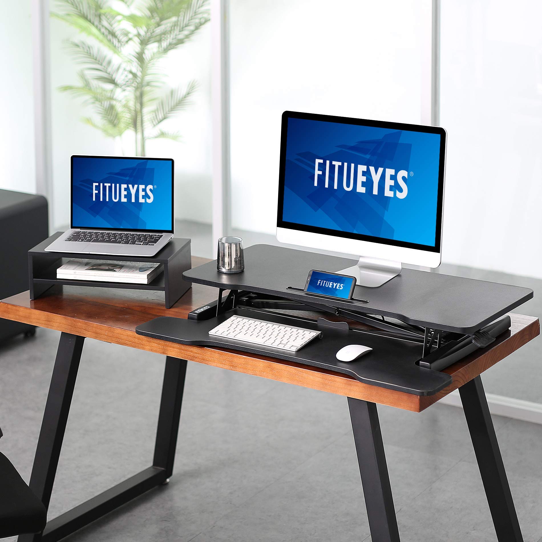 FITUEYES Adjustable Standing Desk Converter - Ergonomic Sit Stand Monitor Riser for Desktop & Laptop (Up to 35 lbs) - Perfect for Home Office, Gaming & Workstation Setup
