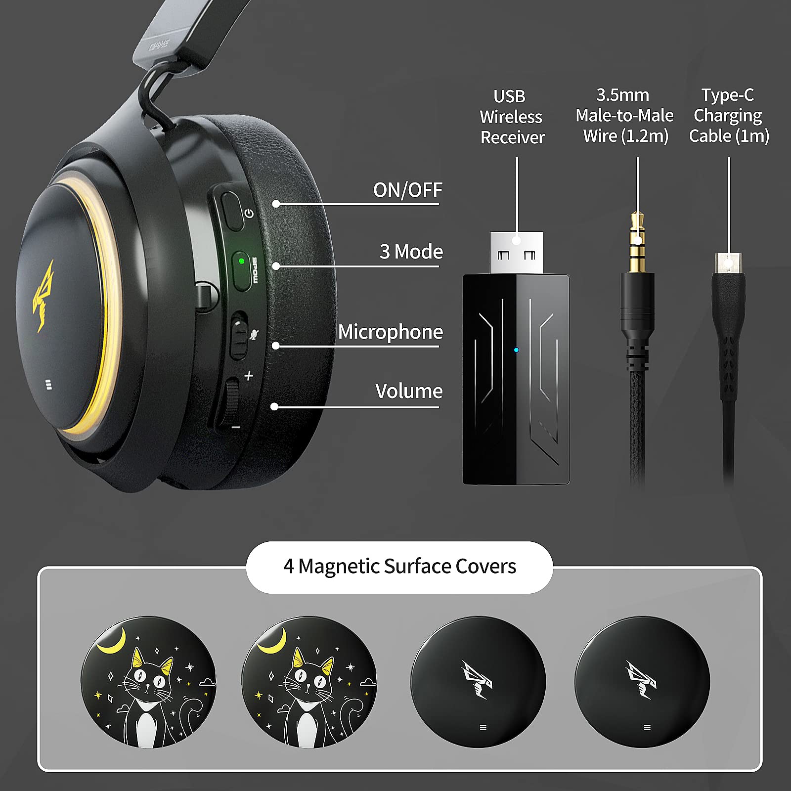 Wireless Gaming Headset with Cat Ears - Bluetooth Headphones for PC, PS5, Xbox & Smartphone - Retractable Mic, 7.1 Surround Sound, 50mm Drivers, RGB Lighting - Cute Cat Ear Headphones for Girls (Black) - Perfect for Gaming, Streaming & Online Classes