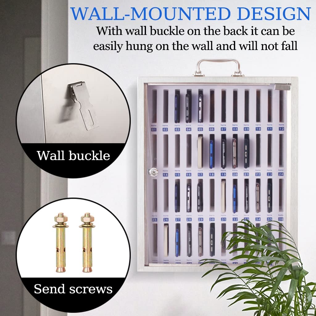 Stainless Steel Clear Wall Mounted Phone Storage Box - Portable Cell Phone Lock Cabinet for Home & Office (Silver, 36 Inch) - Perfect for Organizing Phones in Retail Stores, Salons, and Secure Device Storage