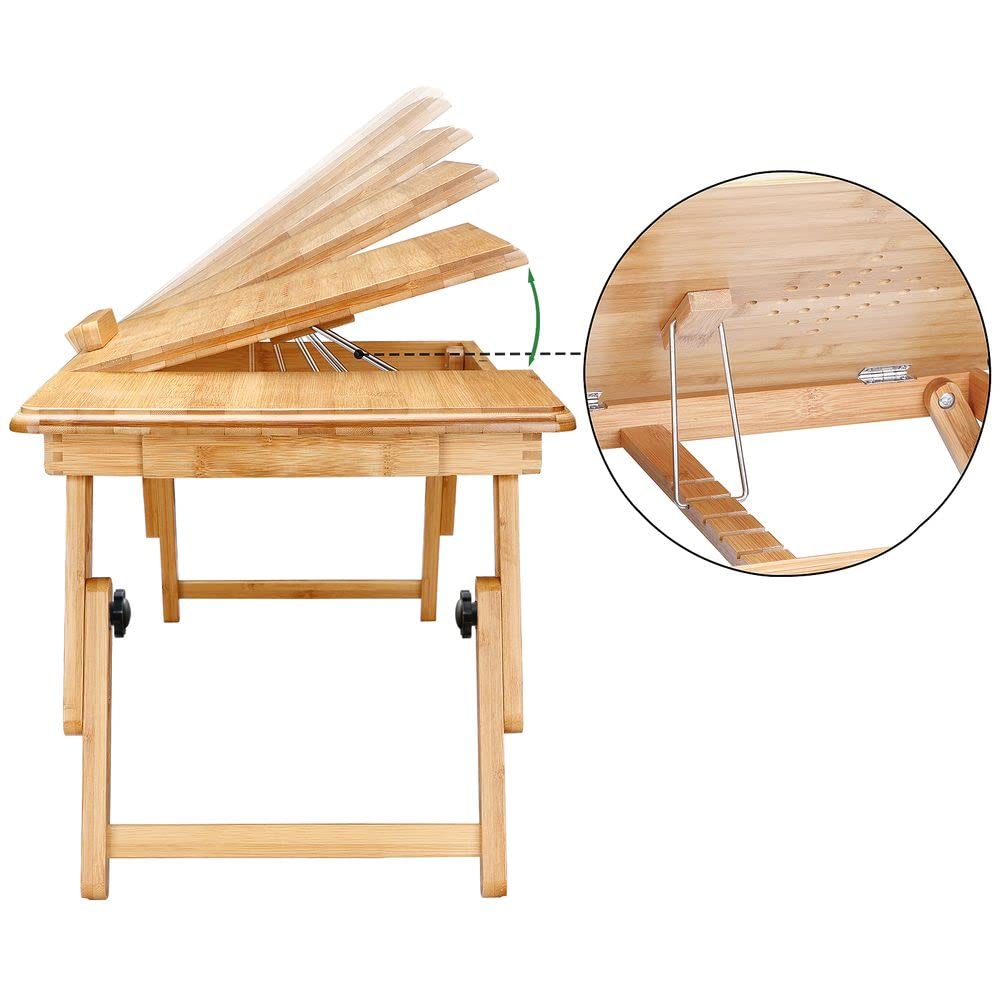 CASARIA® Adjustable Bamboo Wood Laptop Desk Set of 2 - Foldable Tilt Stand with Drawer & Ventilation Holes for Sofa, Bed, Office - Perfect for Working, Studying or Watching Movies in Bed
