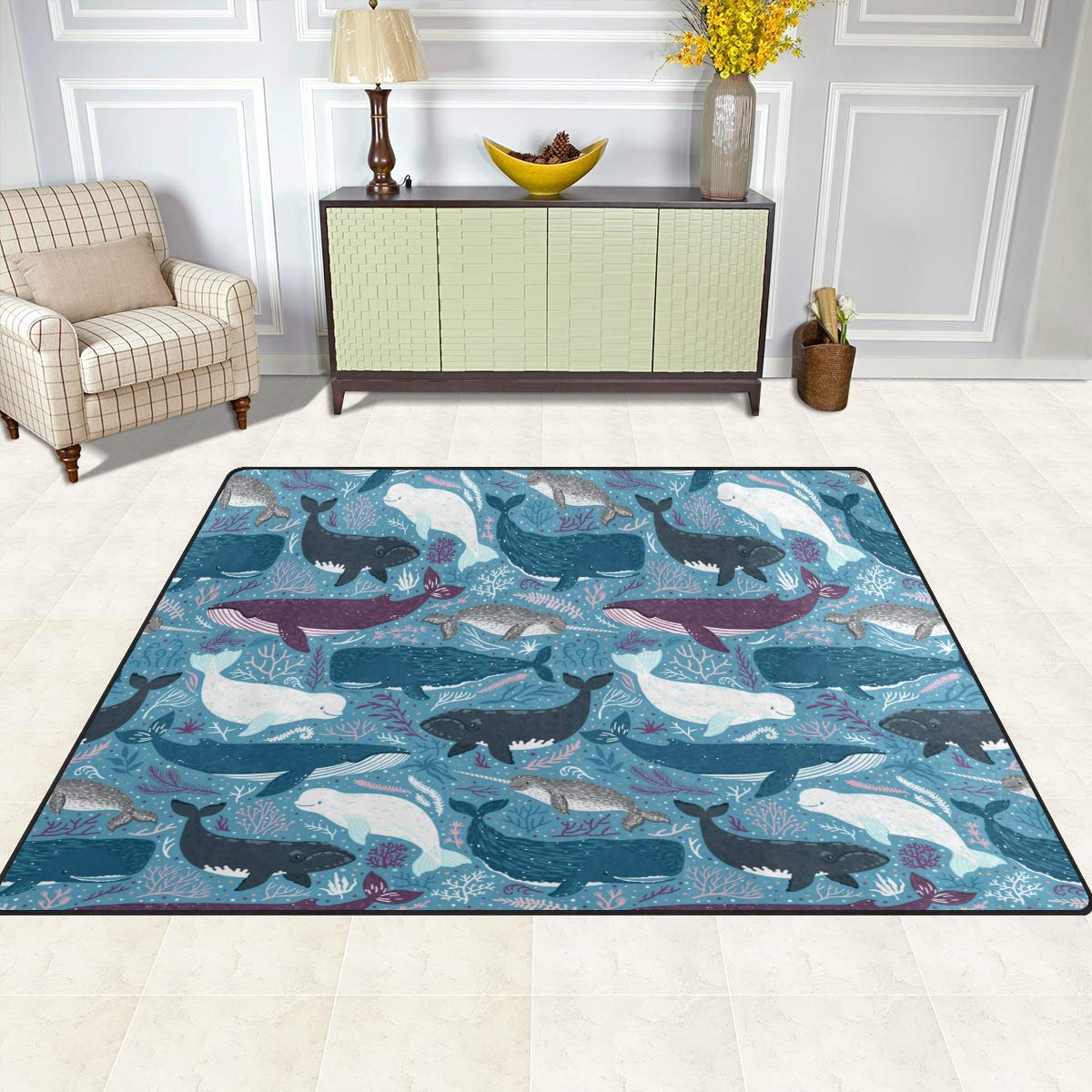 Whale and Shark Themed Non-Slip Area Rug Pad for Kids - 5'3