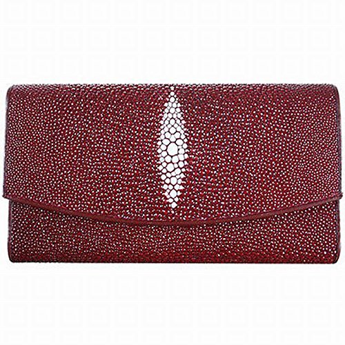 Genuine Stingray Leather Women's Red Trifold Long Wallet Handbag Purse - Elegant HMD Designer Clutch for Parties, Dating & Daily Use