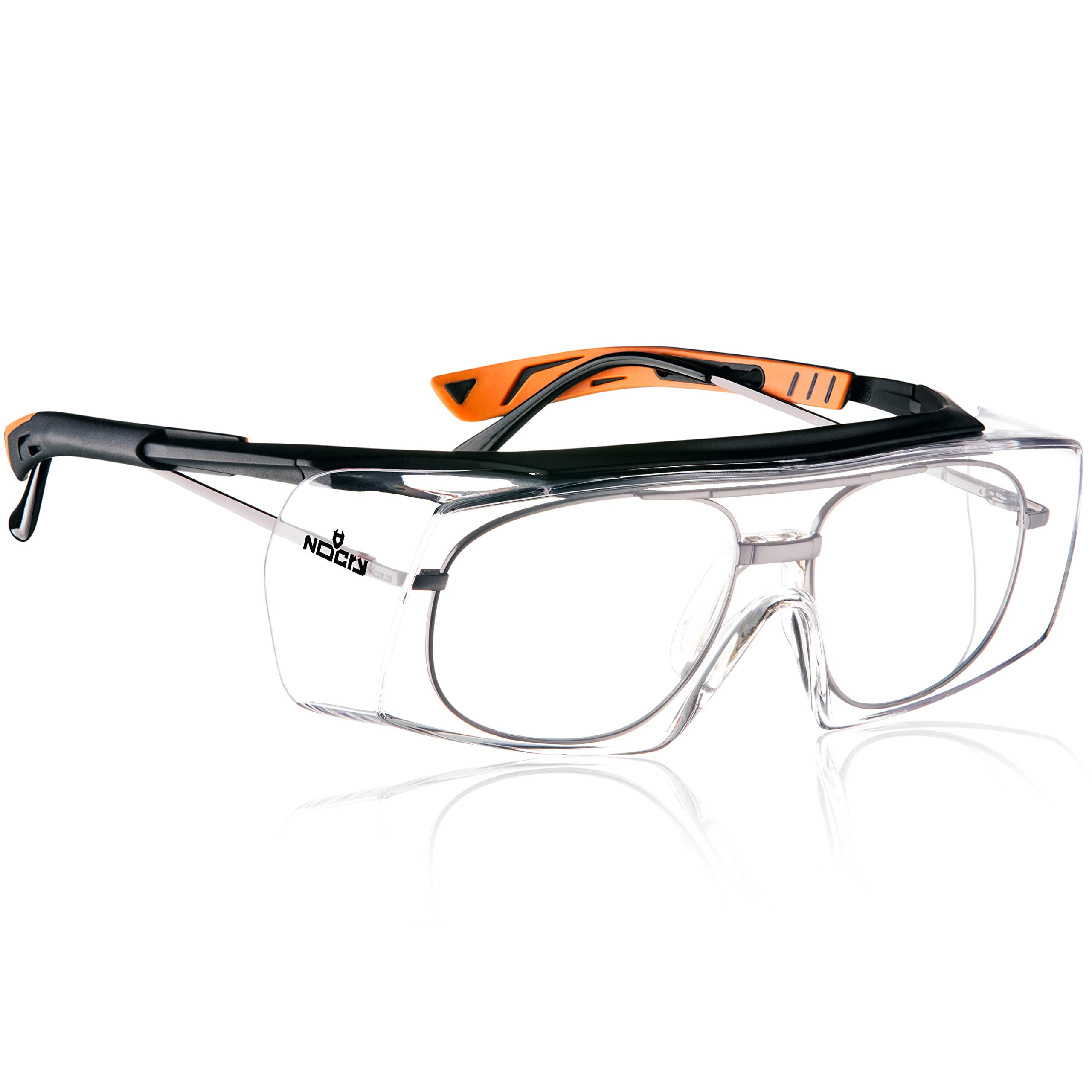 NoCry Safety Glasses Over Prescription Eyewear - Clear Anti-Scratch Wraparound Lenses, UV400 Protection, ANSI Z87.1 & OSHA Certified (Black/Orange Frames) - Perfect for Lab Work, Travel, Construction & DIY Projects