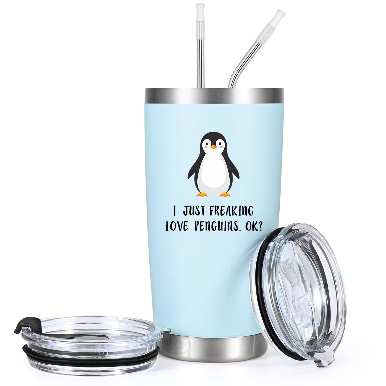LiqCool 20oz Stainless Steel Tumbler with Lid & Straw - Cute Penguin Design Gift for Women & Men - Perfect Christmas, Birthday Present for Penguin Lovers - Light Blue Insulated Cup for Coffee, Tea & Cold Drinks at Home, Office or Travel